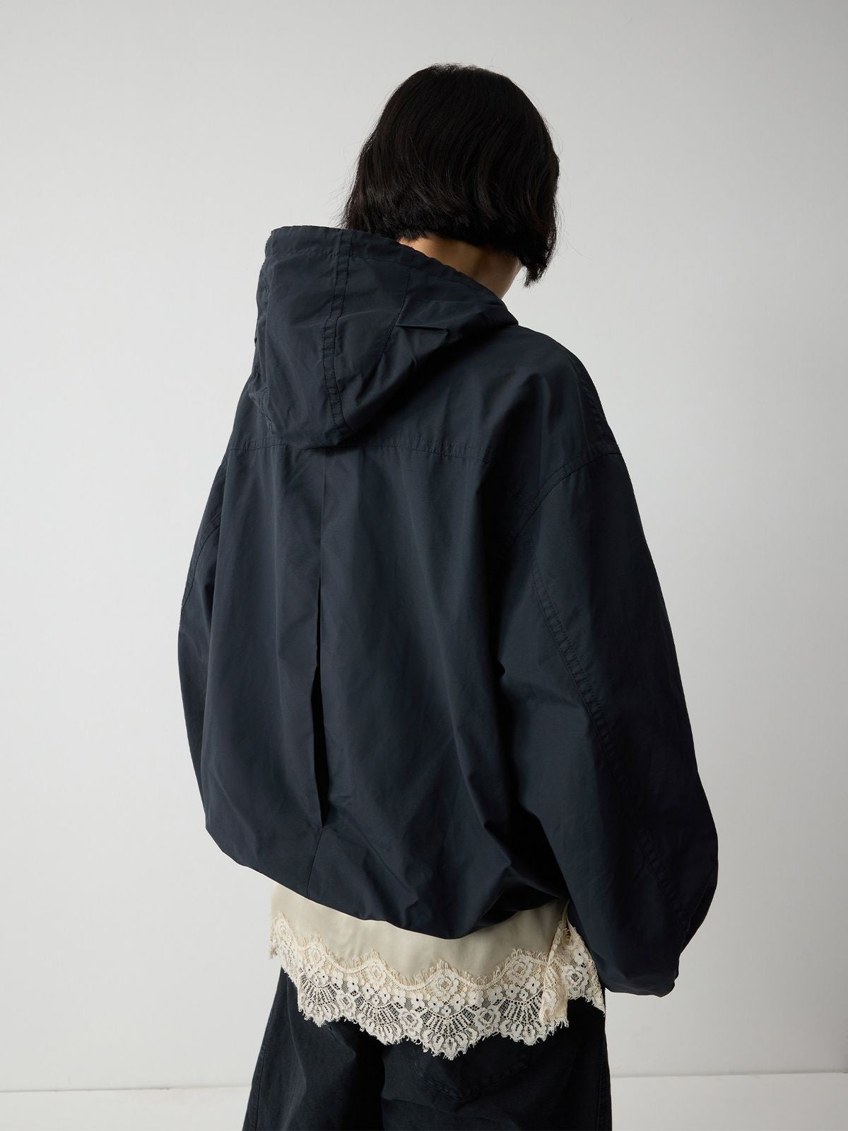 RandomPiece Boxy Cotton Blend Jacket in Navy Blue - On Model