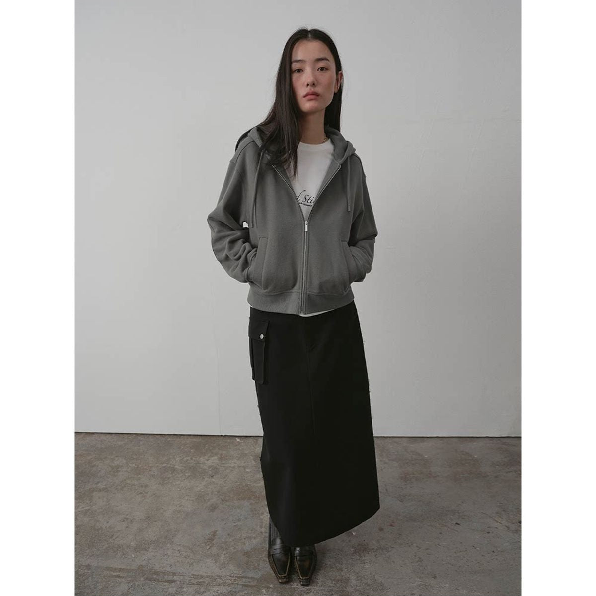 RandomPiece Cropped Cotton Zip Up Hoodie in Gray - On Model