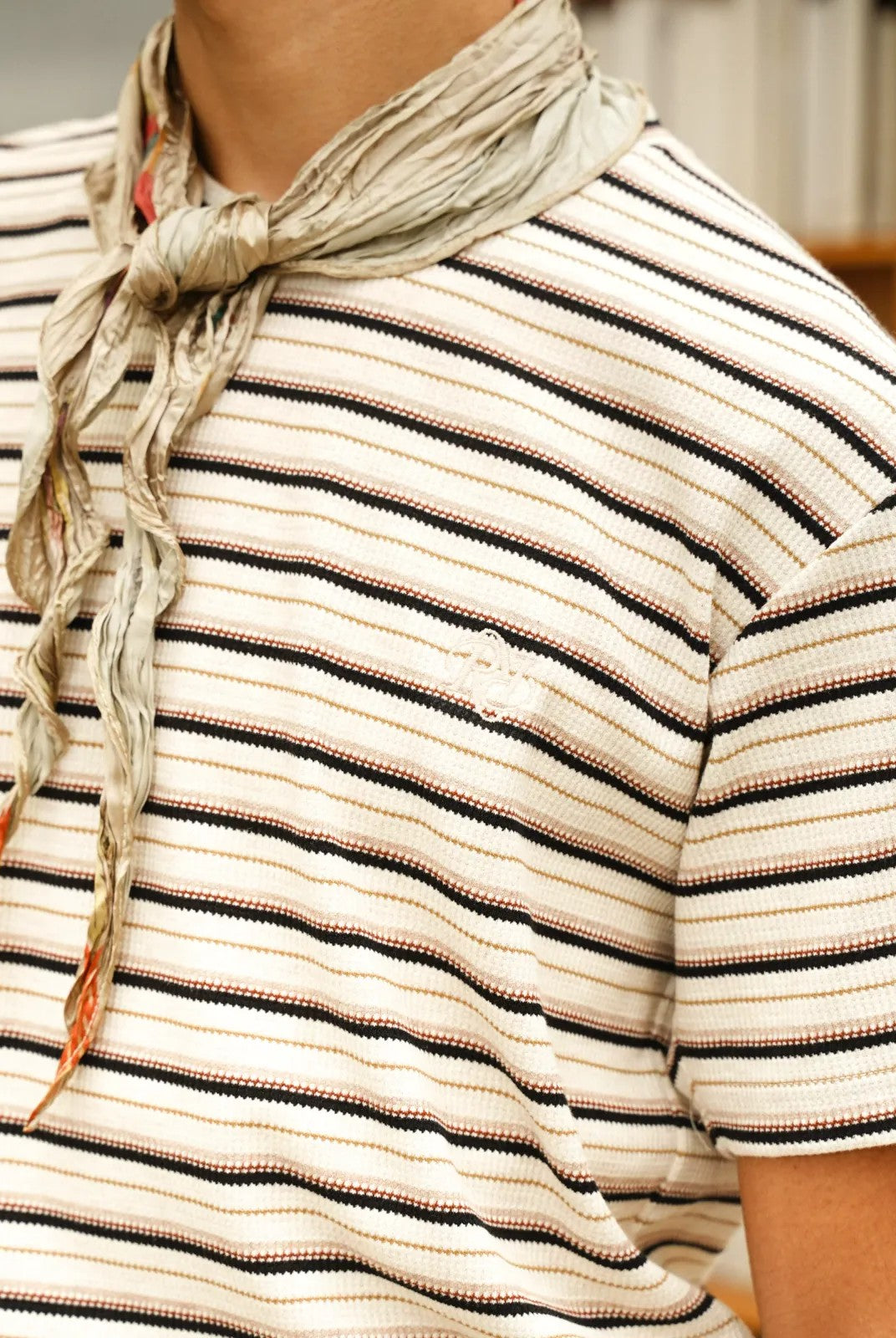 Retro 21 Irregular Pleated Vintage Print Scarf in Beige - On Model