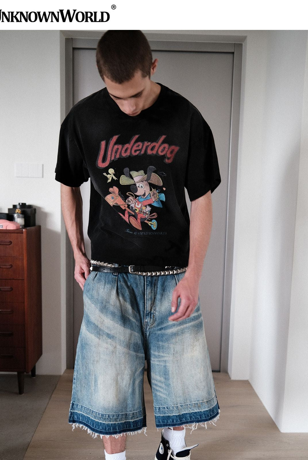 UNKNOWNWORLD Distressed Wash Baggy Shorts in Blue - On Model