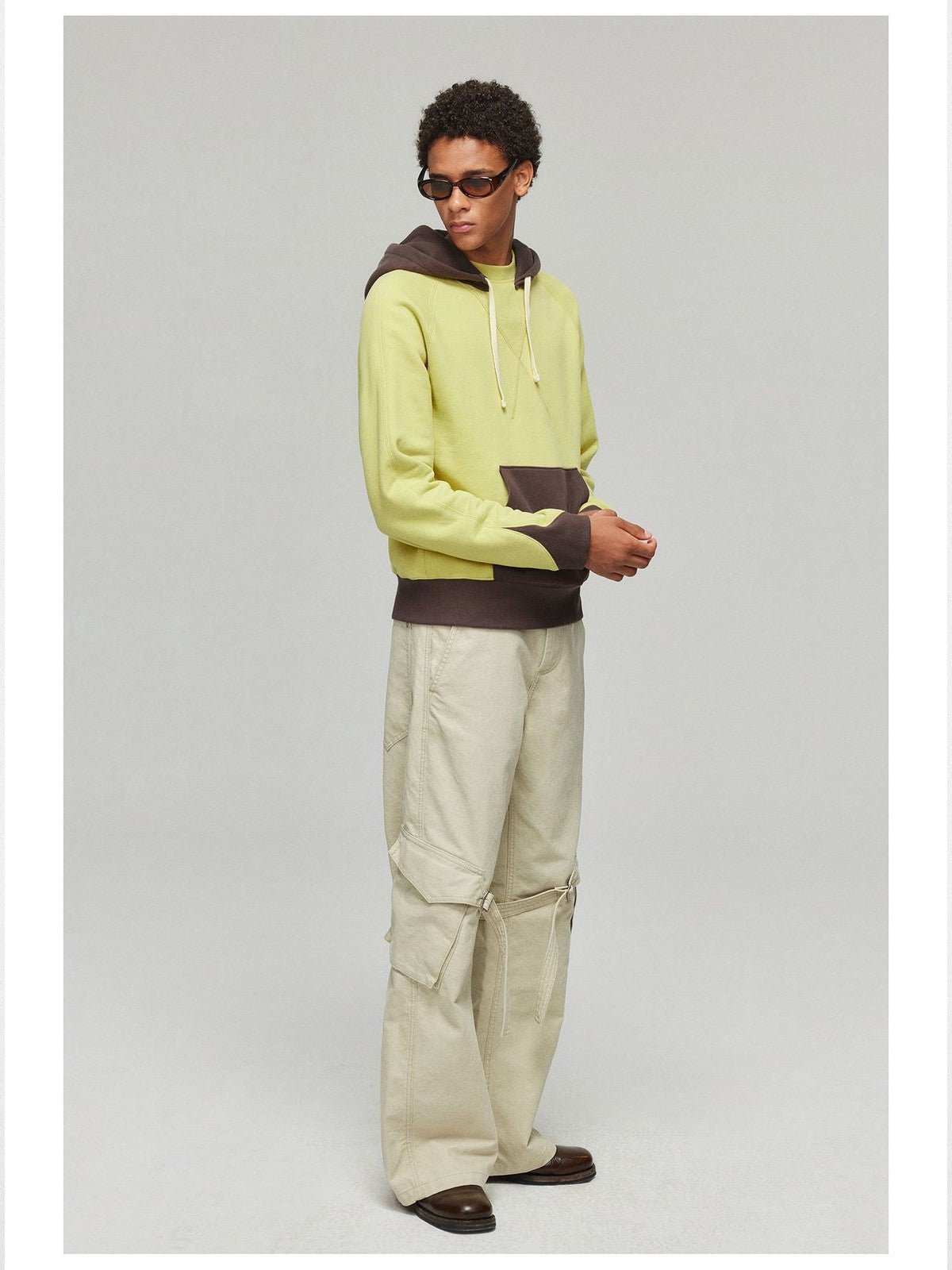 Simple Project Contrast Panel Hoodie in Brown - On Model