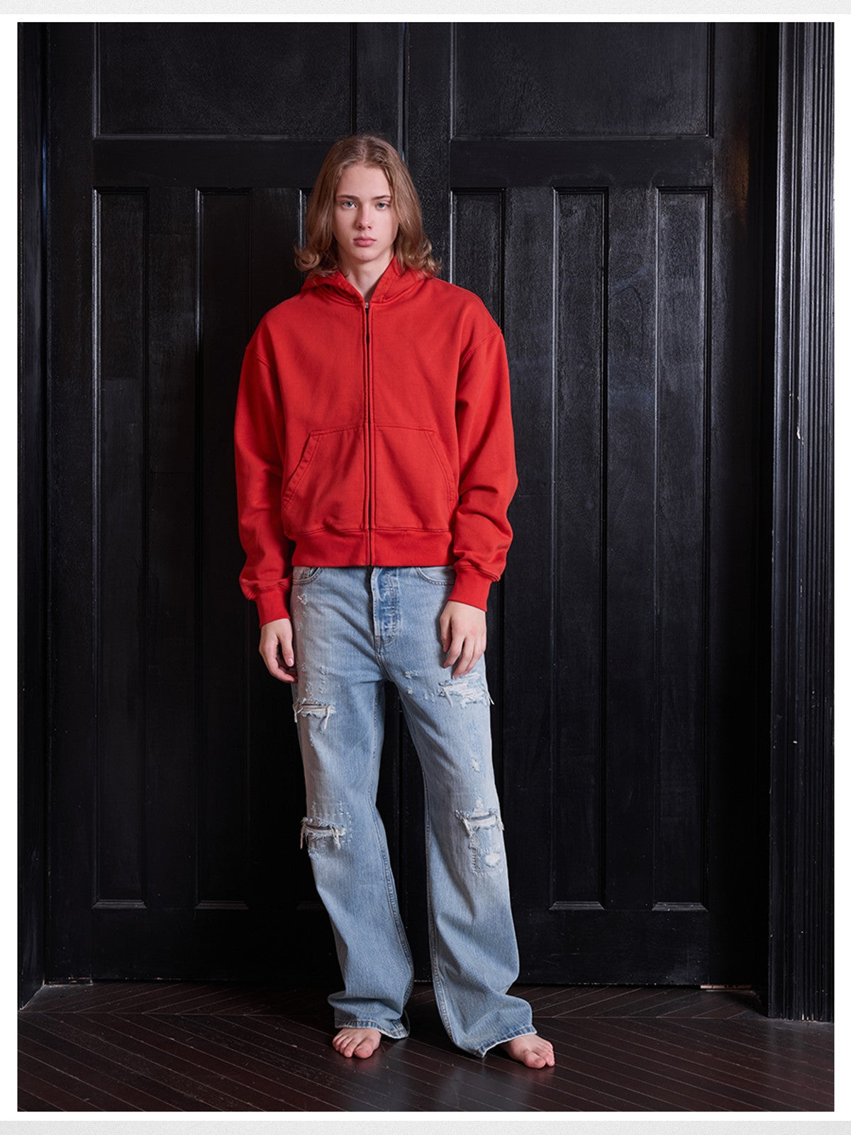 VLABMADE Distressed Sashiko Flare Jeans in Blue - On Male Model