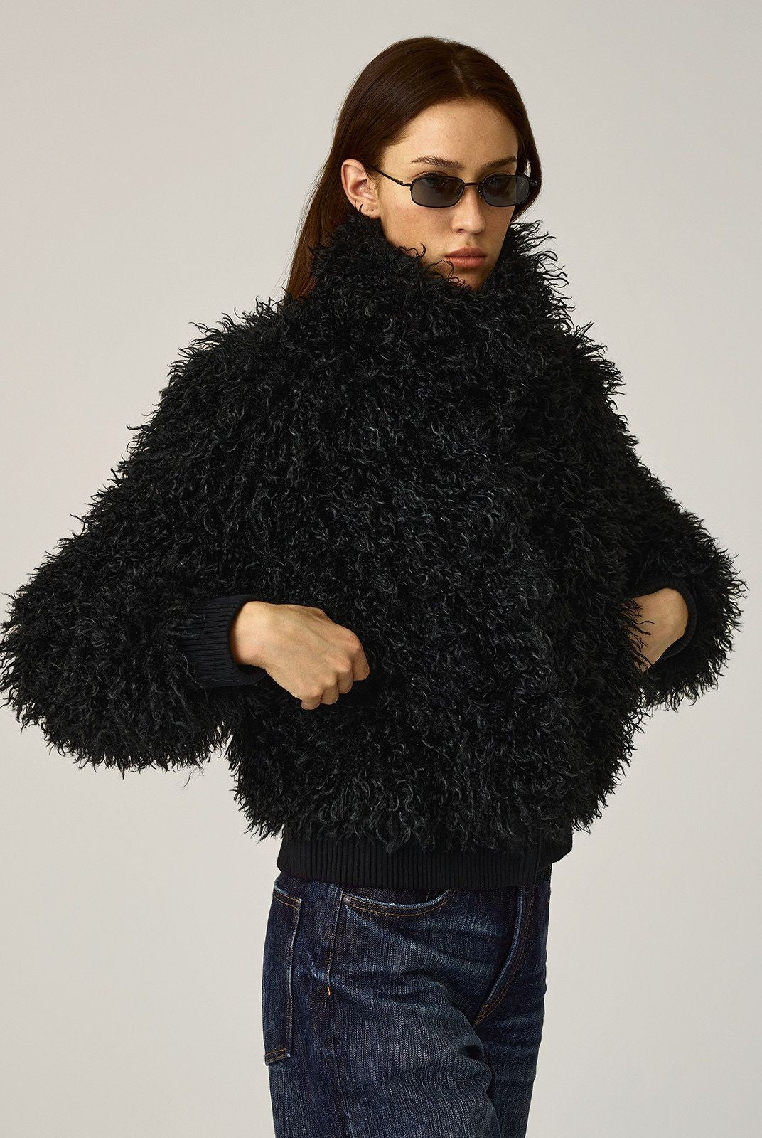 Alright then Faux Mongolian Lamb Fur Jacket in Black - On Model