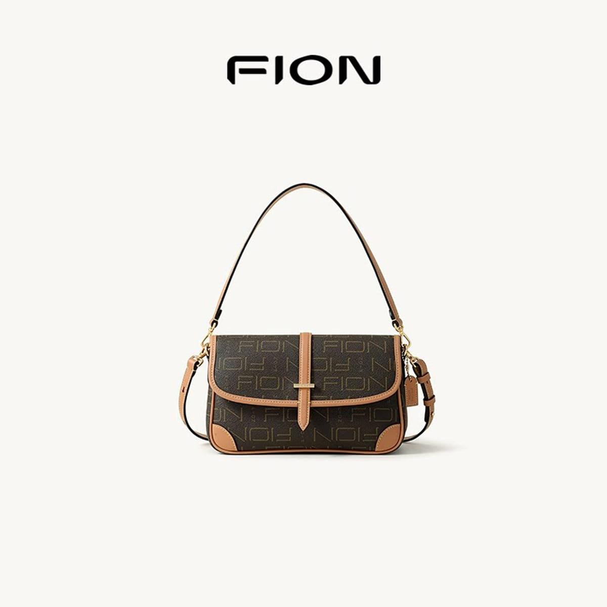 FION Monogram Faux Leather Baguette Bag in Beige