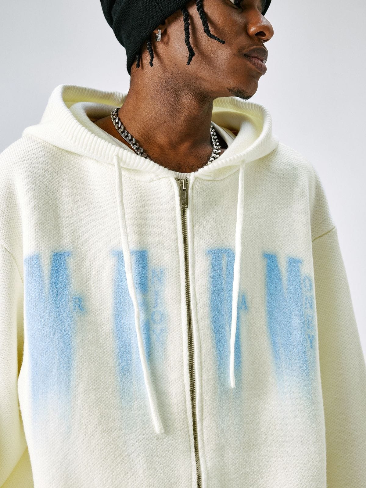 MEDM Phantom Graphic Knit Hoodie in White - On Male Model