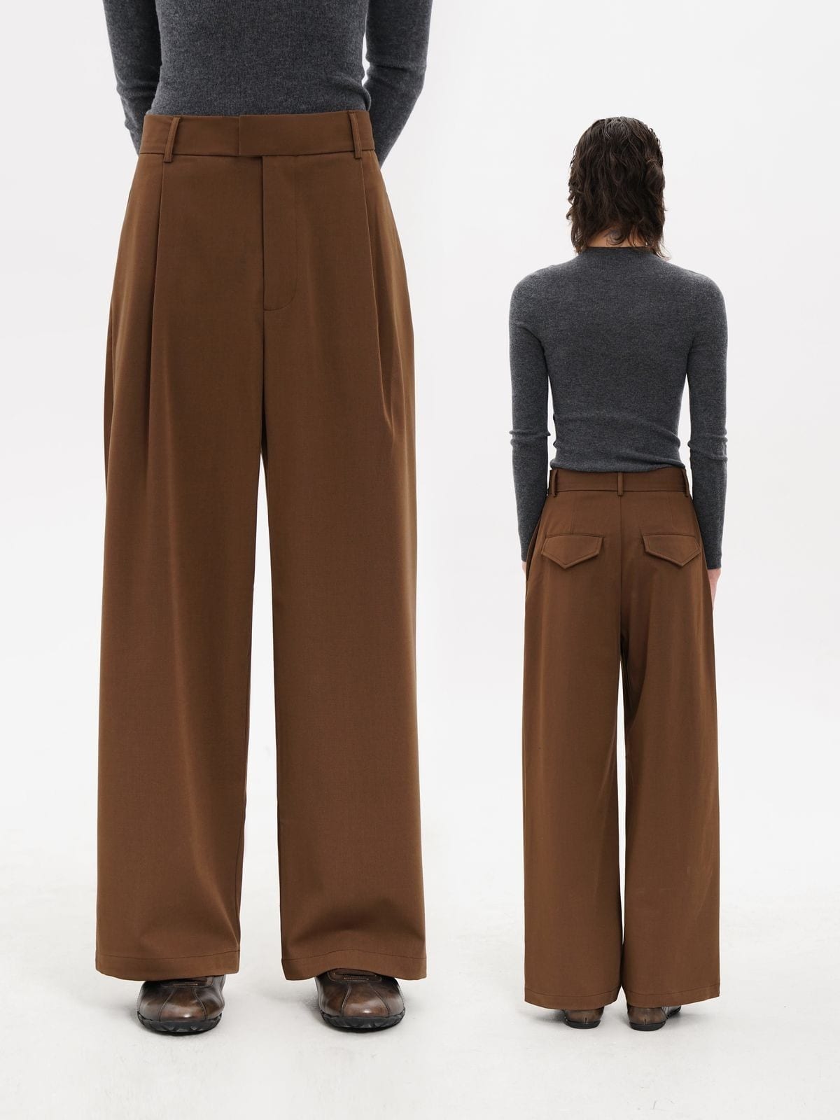 MasonPrince Pleated Wide Leg Suit Trousers in Brown - On Model
