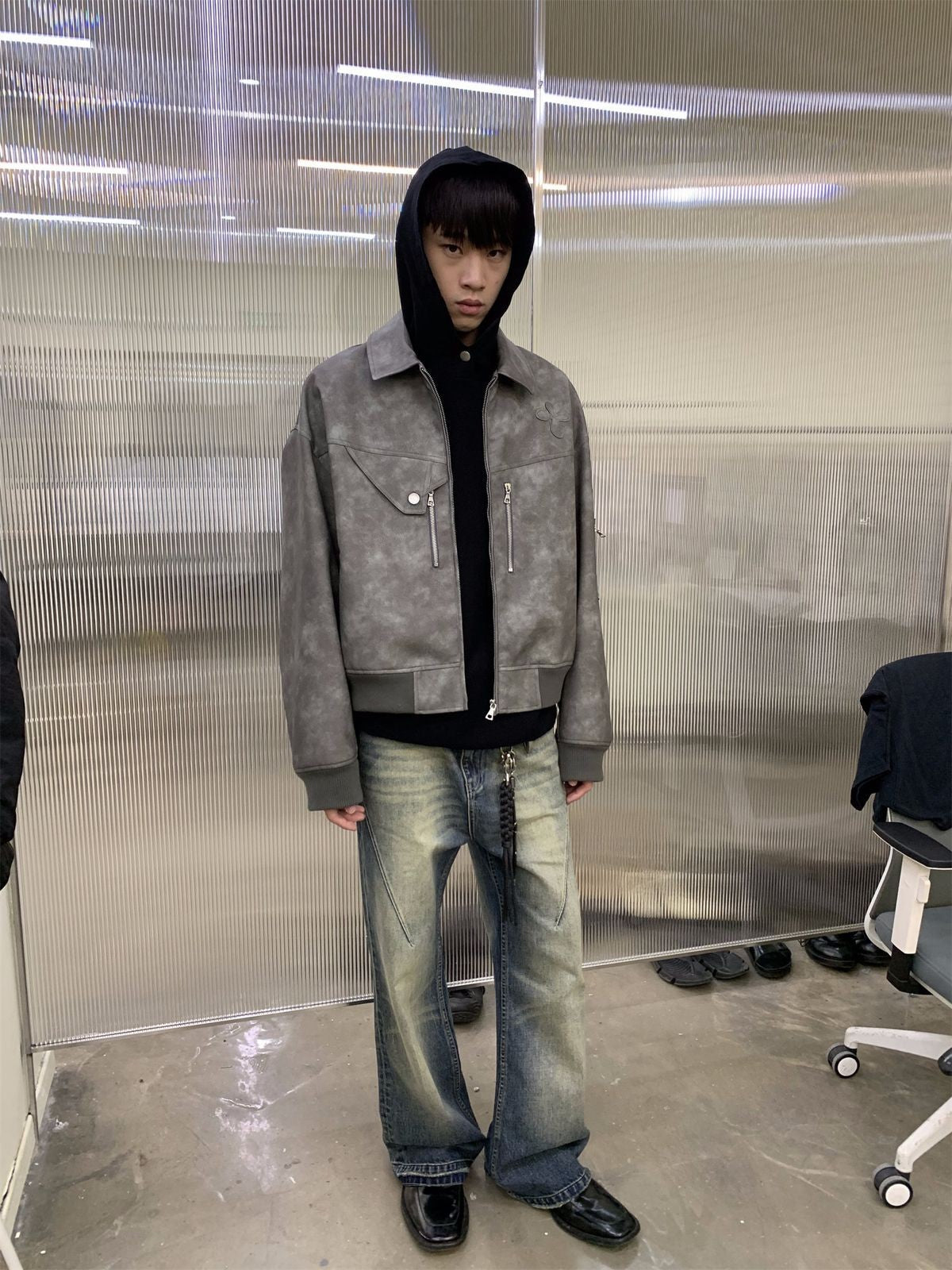 NeverSeez Distressed Washed Micro Flare Jeans in Blue - On Model