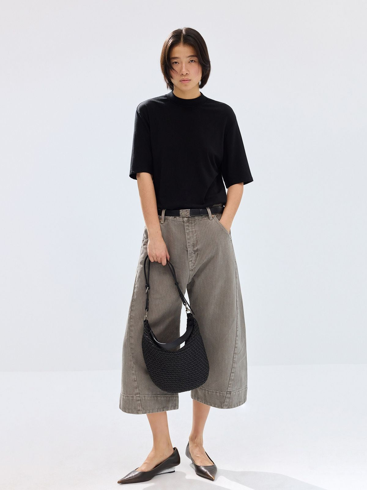 Simple Project Merino Wool Mock Neck T Shirt in Black - On Female Model