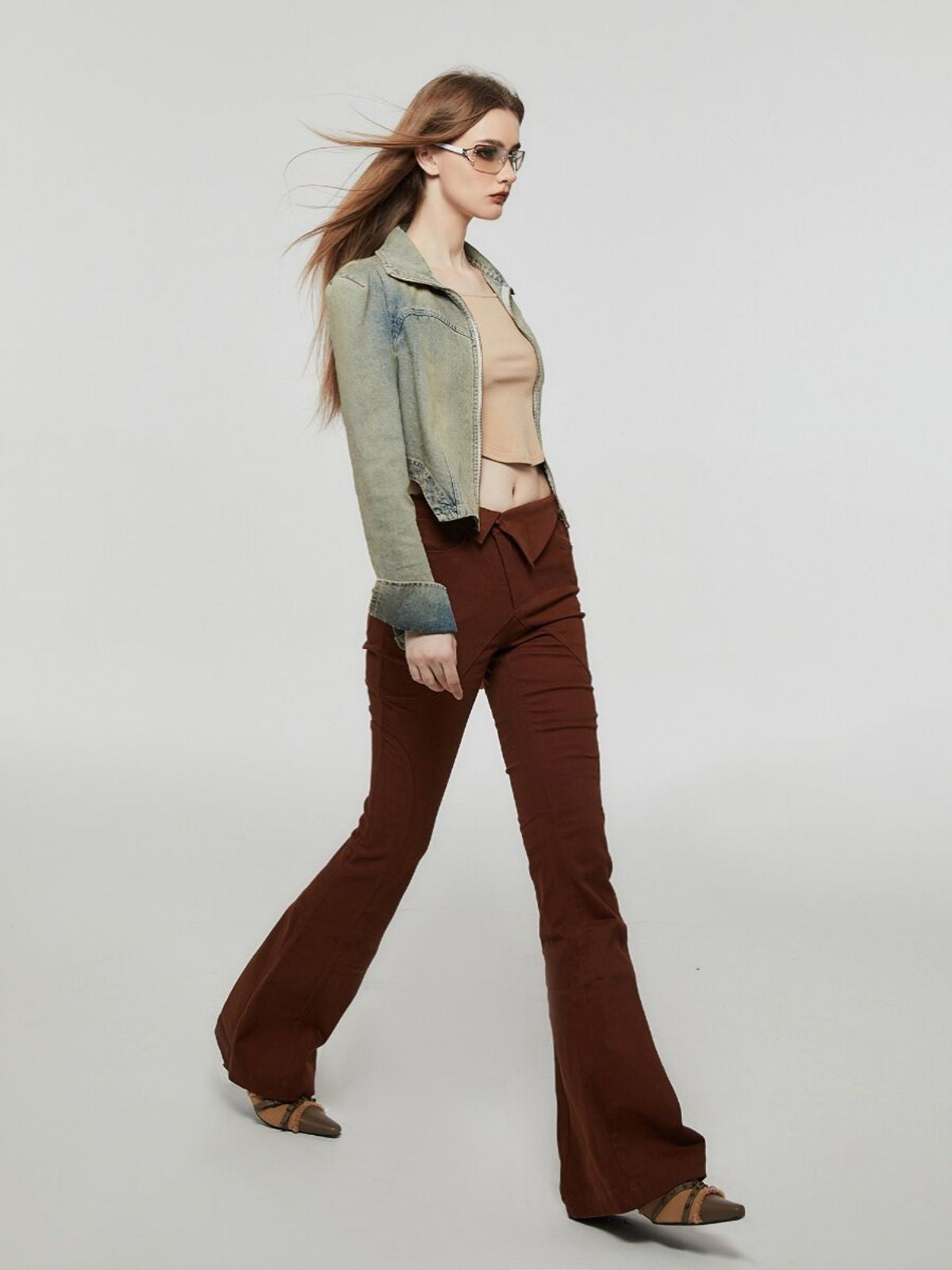 Amee Cropped Zip Up Denim Jacket in Green - On Model