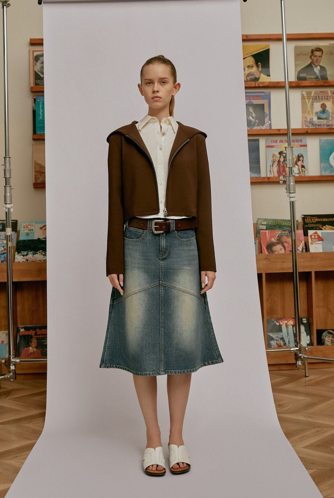 Alright then Hooded Wool Double Zip Jacket in Brown - On Model