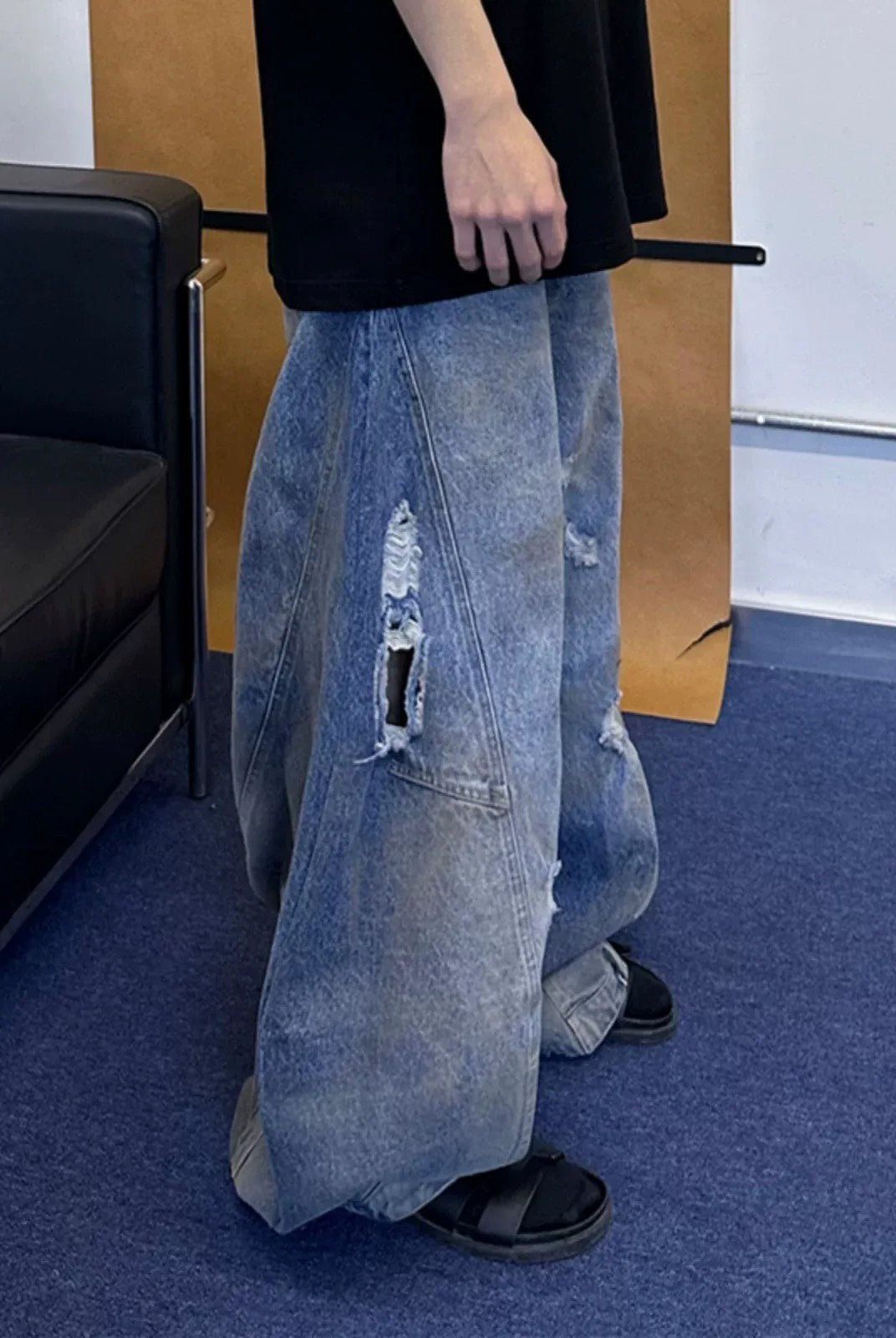 TRIANGLE PROJECT Distressed Dirty Dye Patchwork Jeans in Denim - On Model