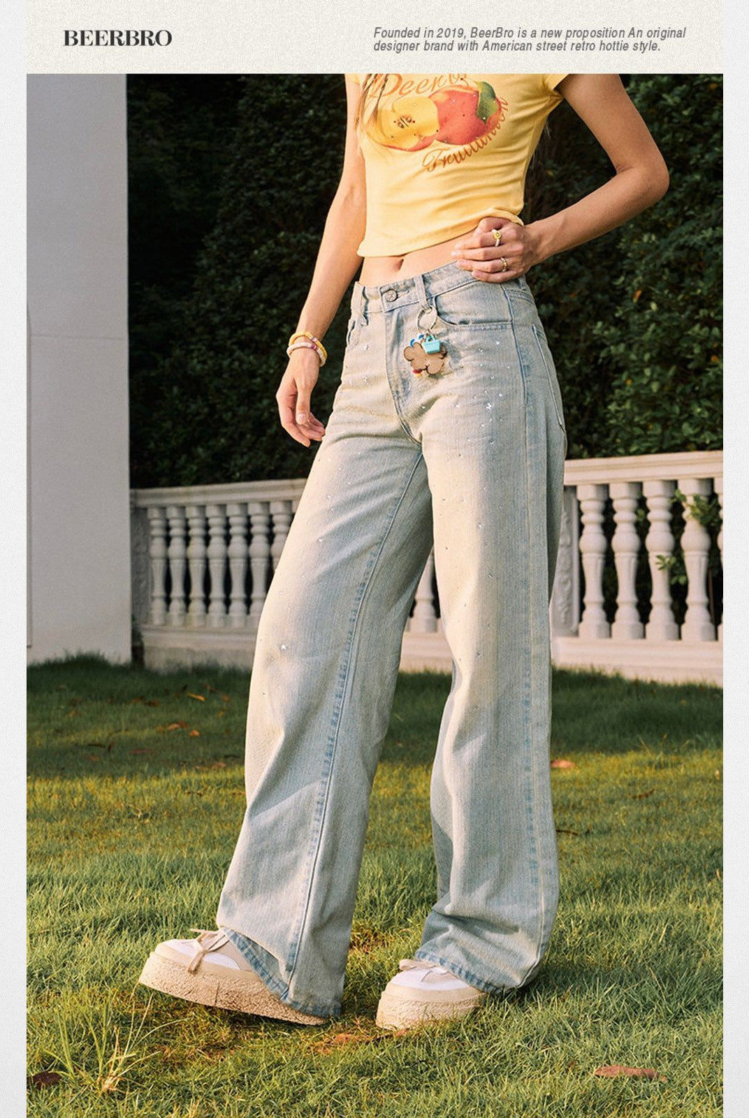 BeerBro Rhinestone Wide Leg Jeans in Blue - On Model