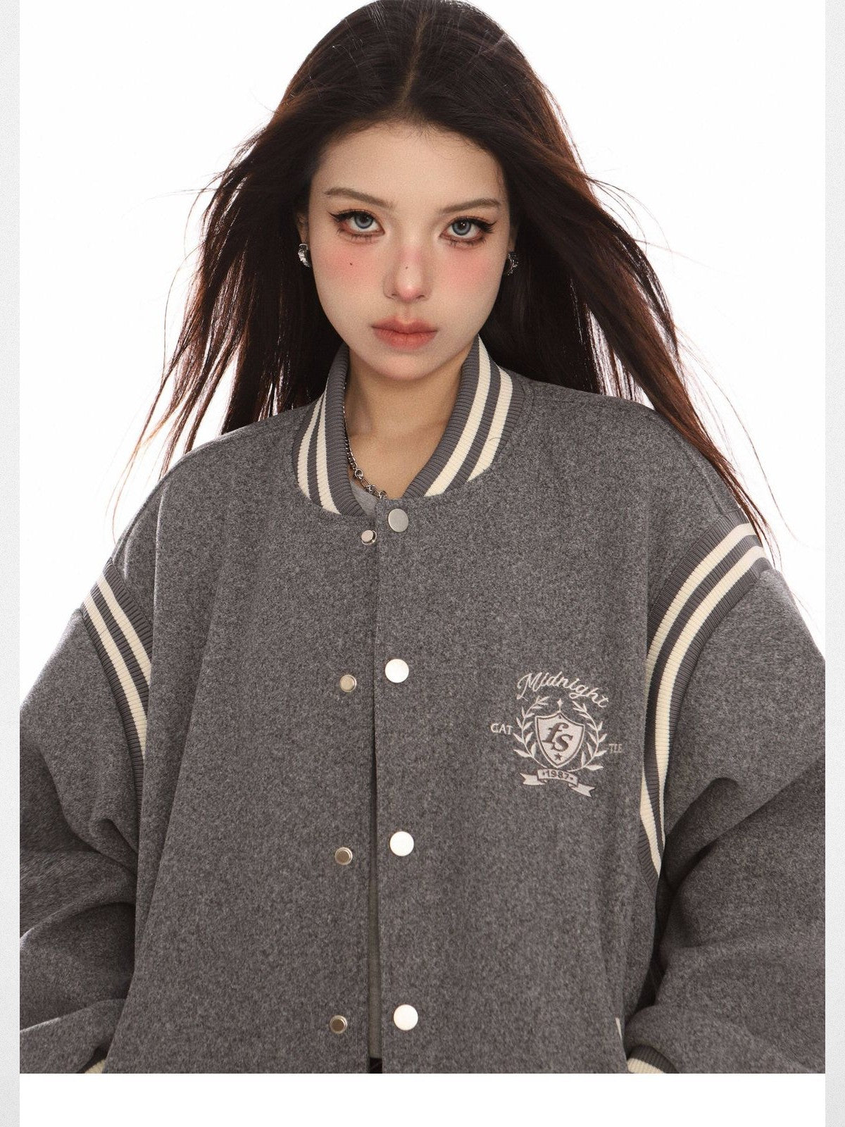BIGGOLD STUDIO Retro Stand Collar Varsity Jacket in Gray - On Model #color_gray
