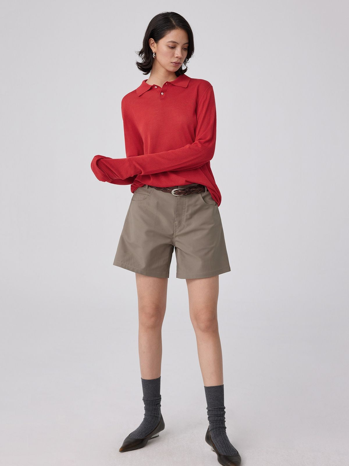 Simple Project Semi Sheer Linen Blend Knit Polo in Red - On Female Model
