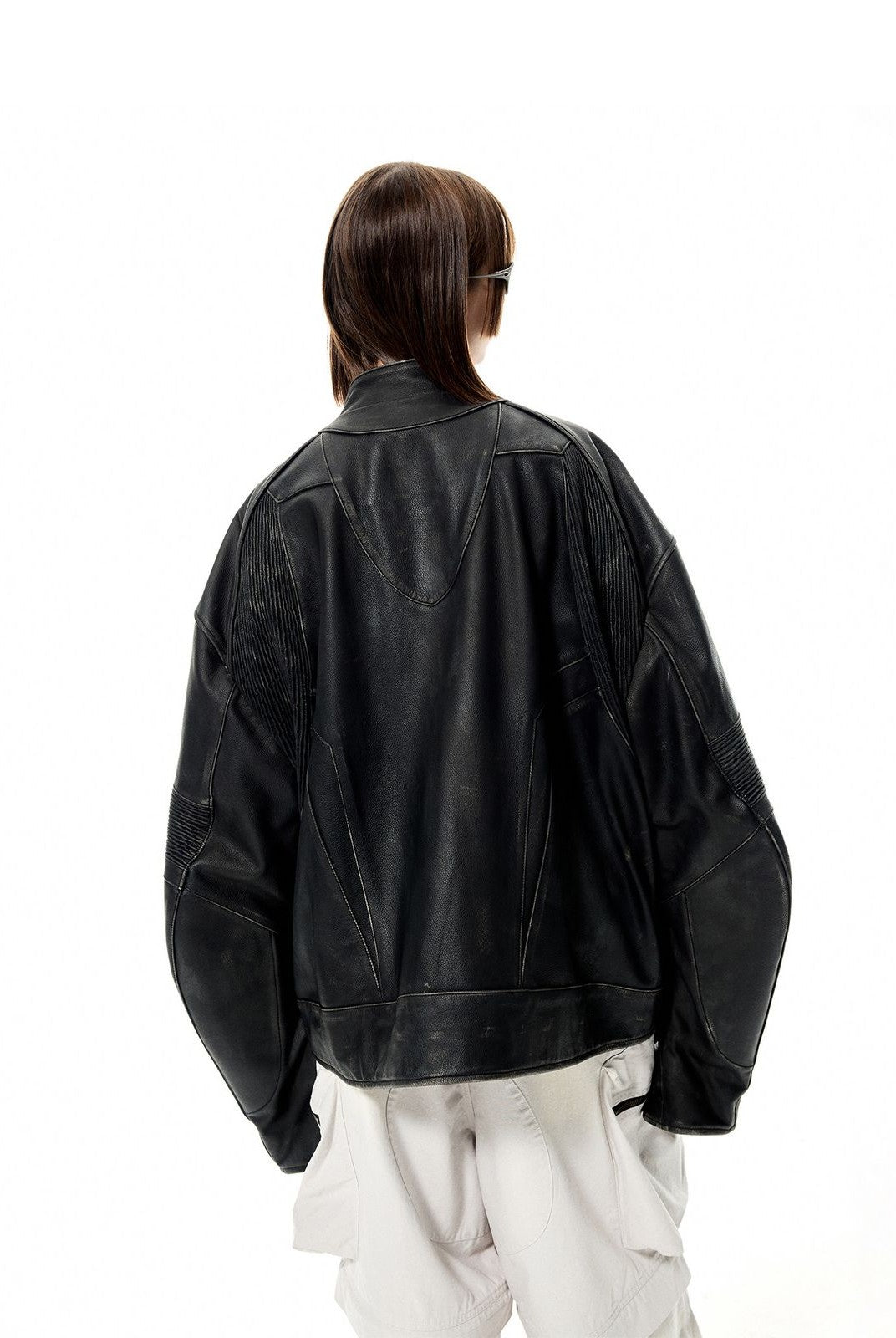 UNKNOWNWORLD Structured Cowhide Biker Jacket in Black - On Model