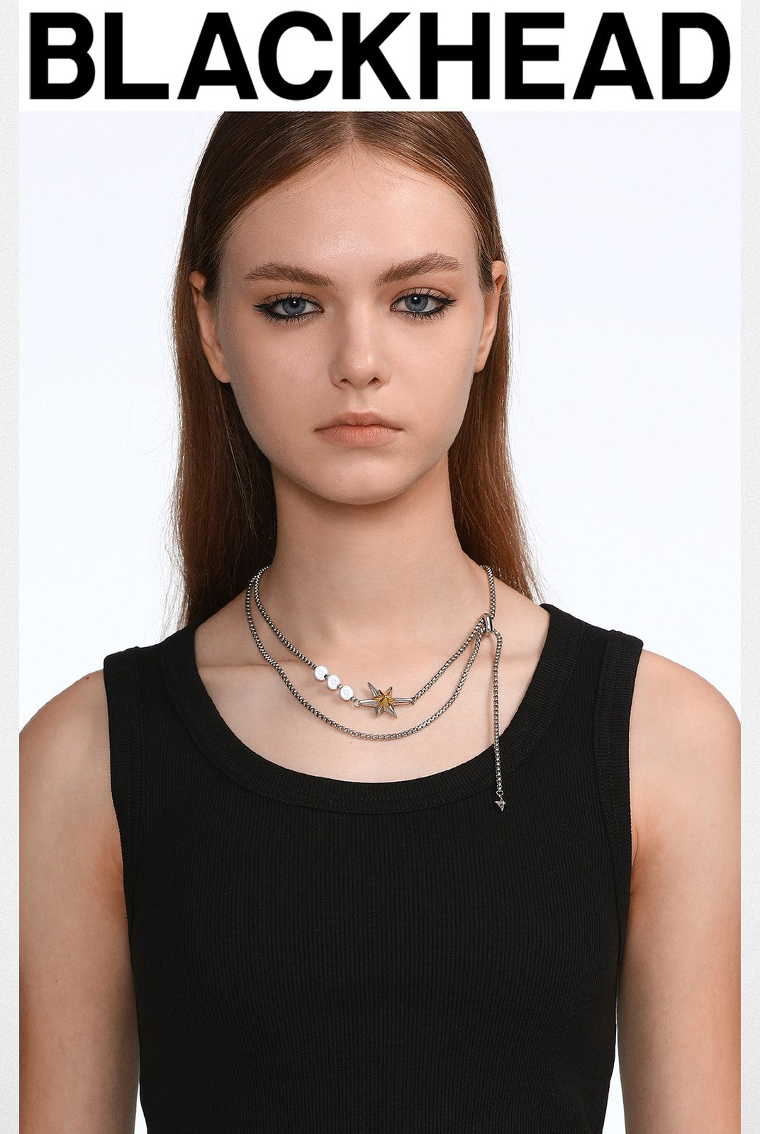 BLACKHEAD Star Pendant Pearl Layered Necklace in Gray - On Model