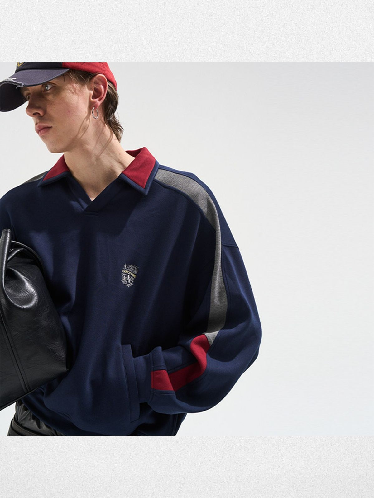 BLINDNOPLAN Contrast Panel Polo Sweatshirt in Navy Blue - On Model