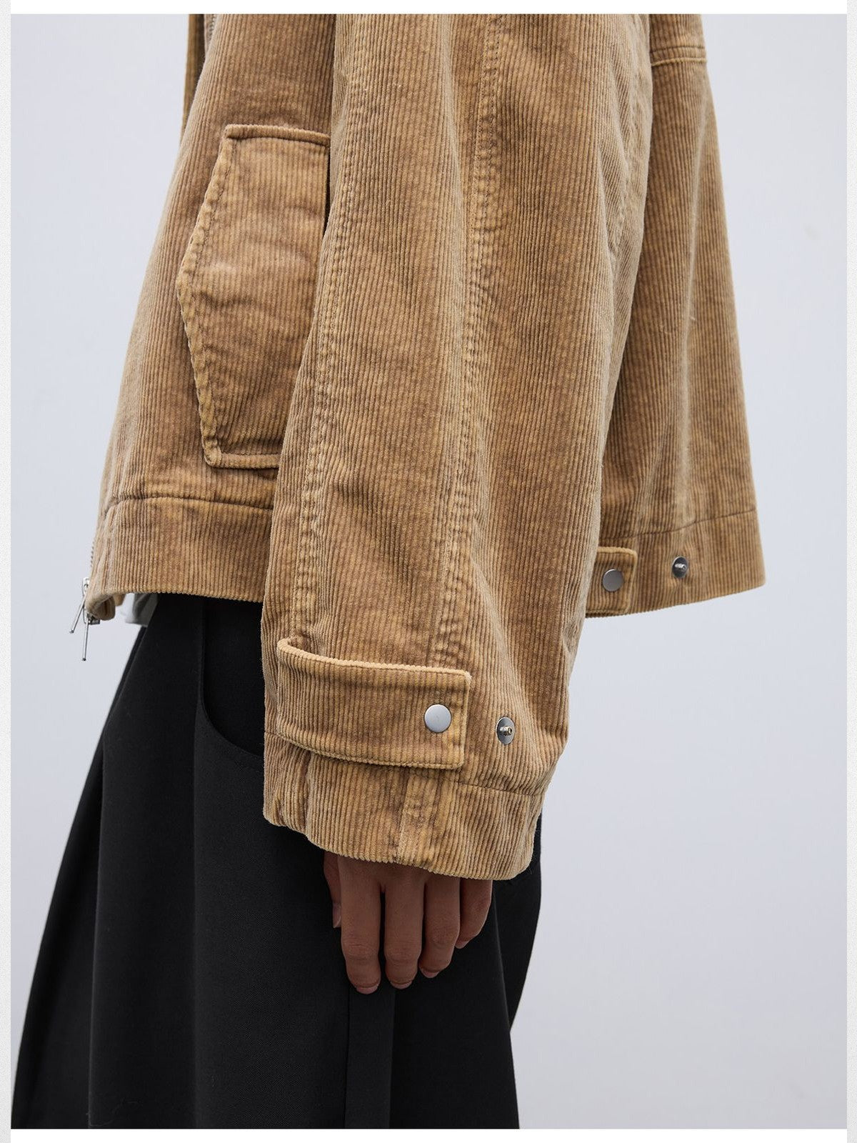 RandomPiece Distressed Corduroy Raglan Jacket in Beige - Detail