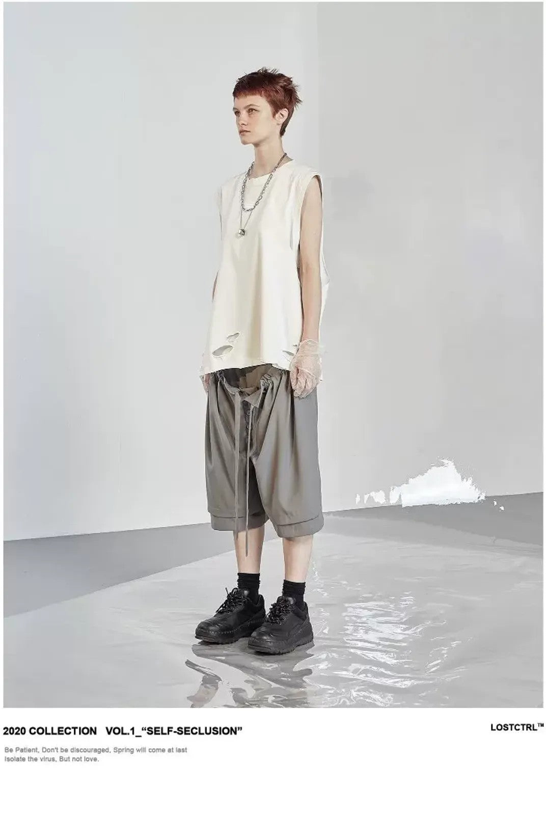 LOSTCTRL Asymmetric Distressed Layered Tank in White - On Model