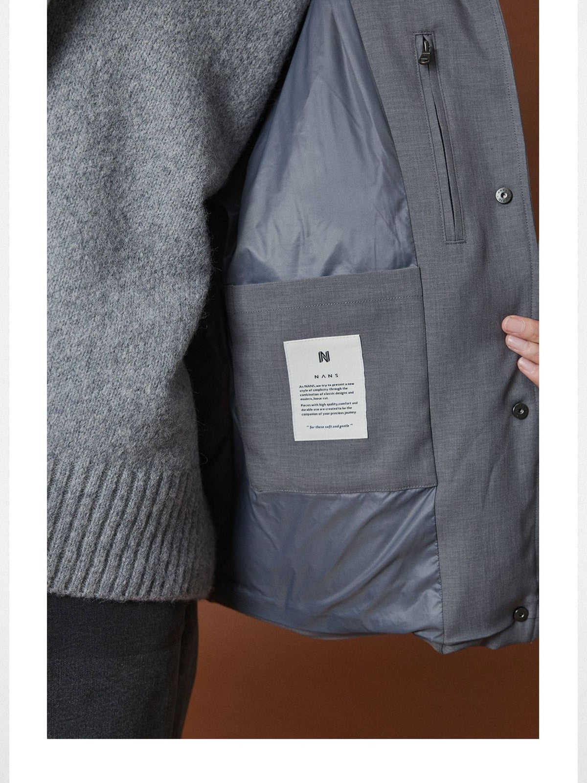 NANS Wool Touch High Neck Down Puffer in Gray - Detail