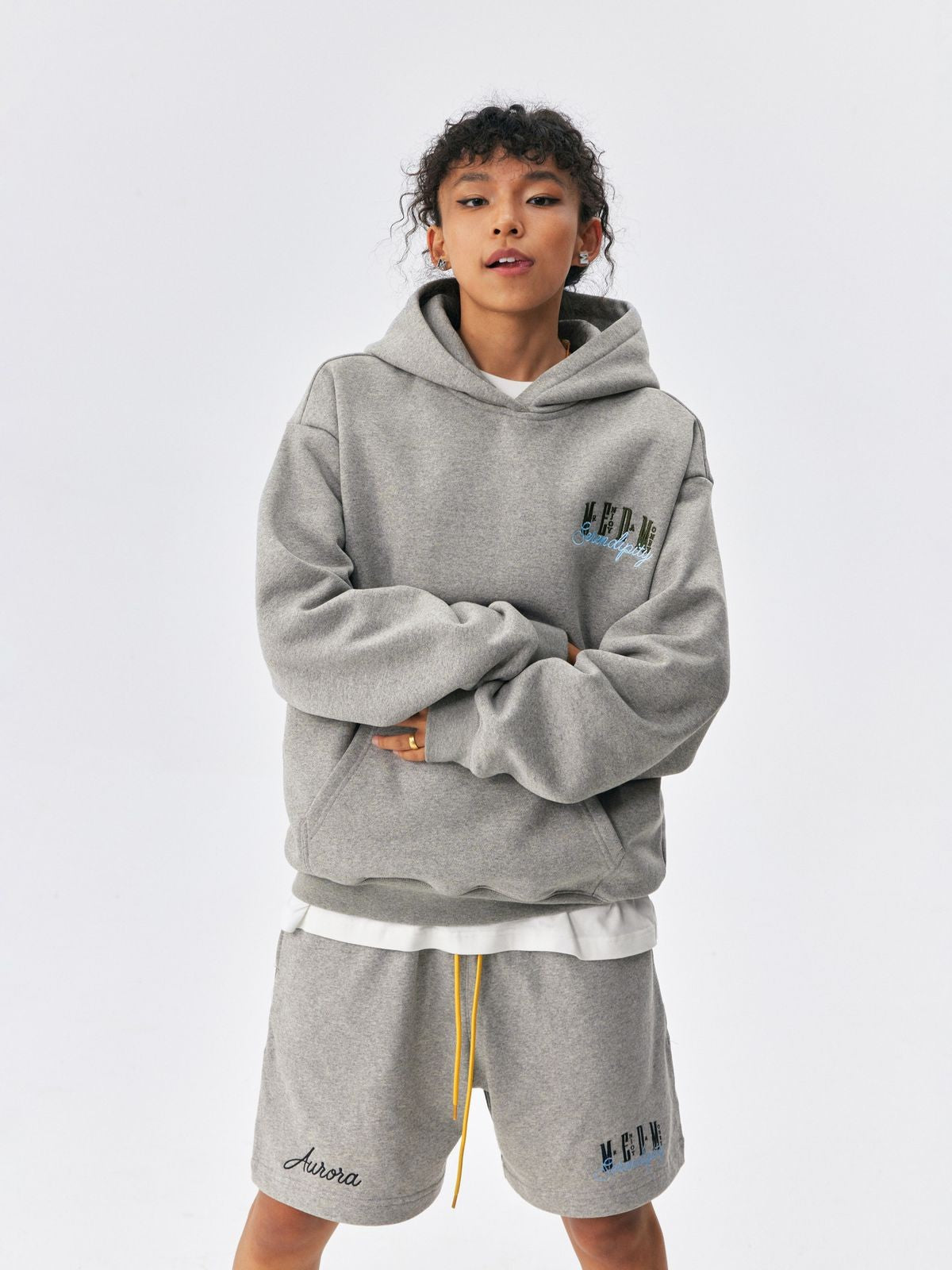 MEDM Embroidered Logo Fleece Hoodie in Gray - On Model