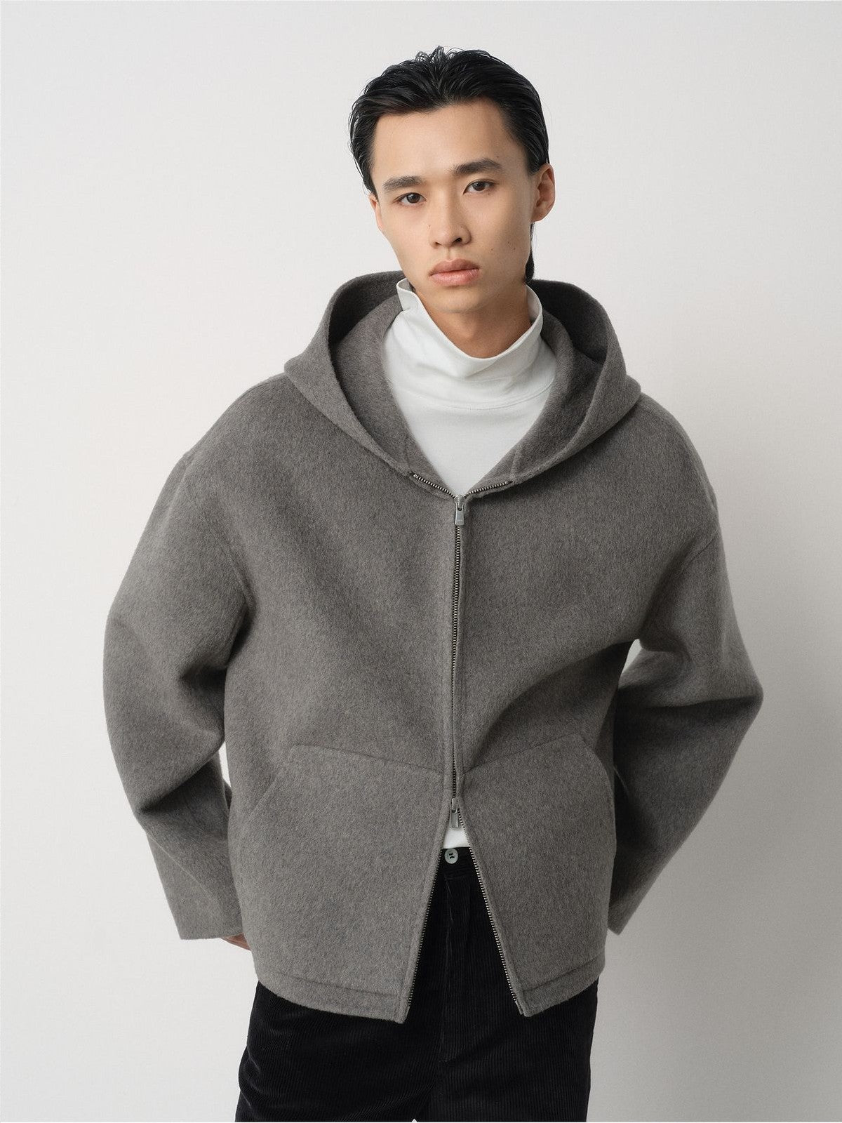 ROYA Cashmere Wool Hooded Short Coat in Gray - On Model