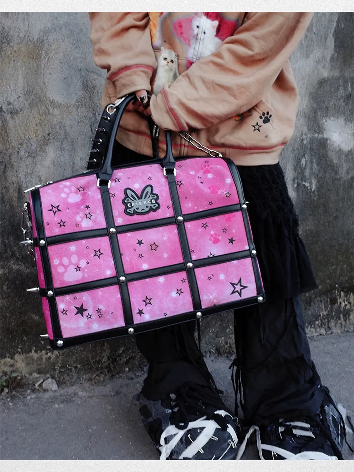 CFIERCE Spiked Cat Print Cage Bag in Red