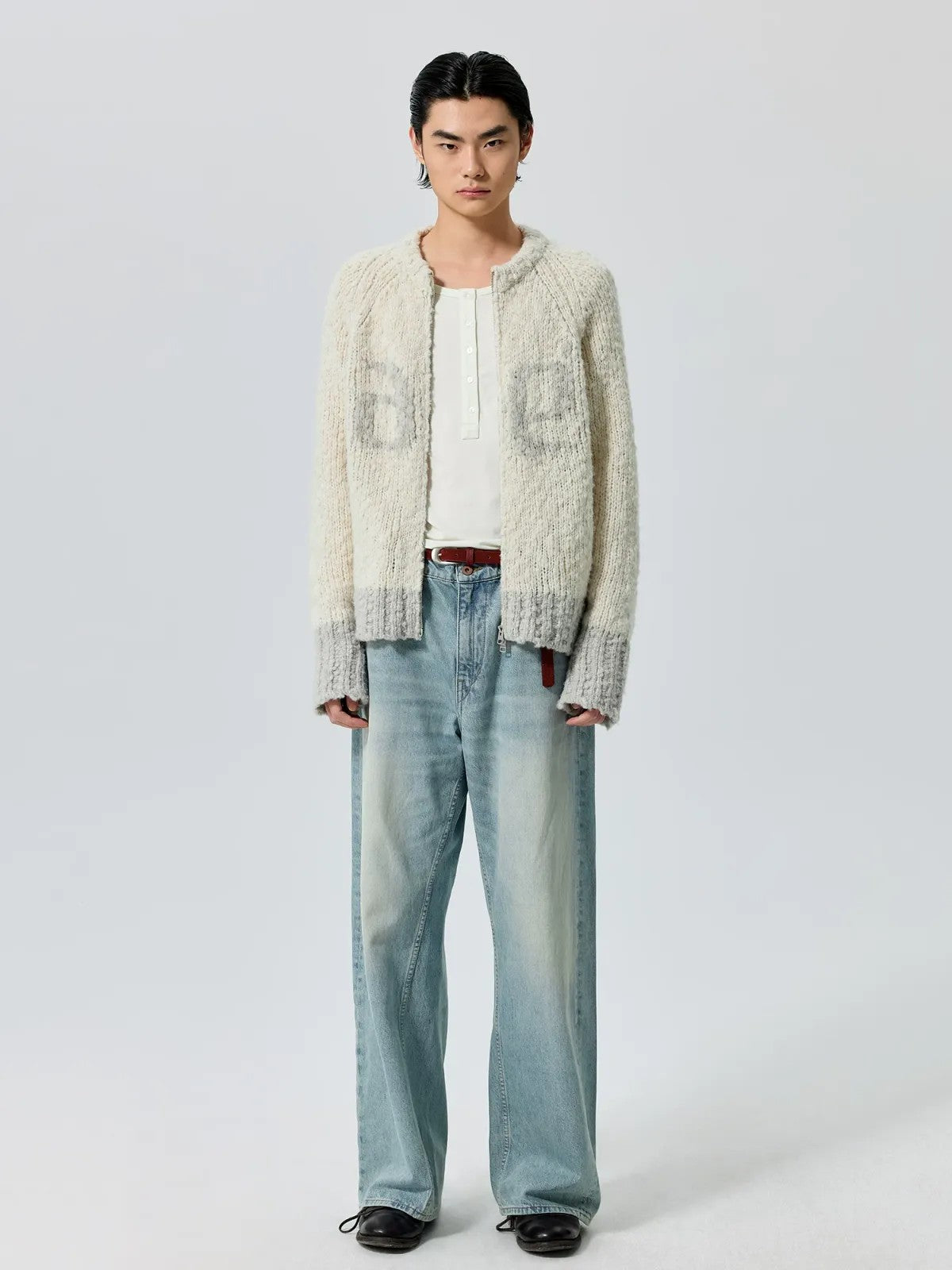 Simple Project Color Block Wool Blend Zip Cardigan in Beige - On Male Model