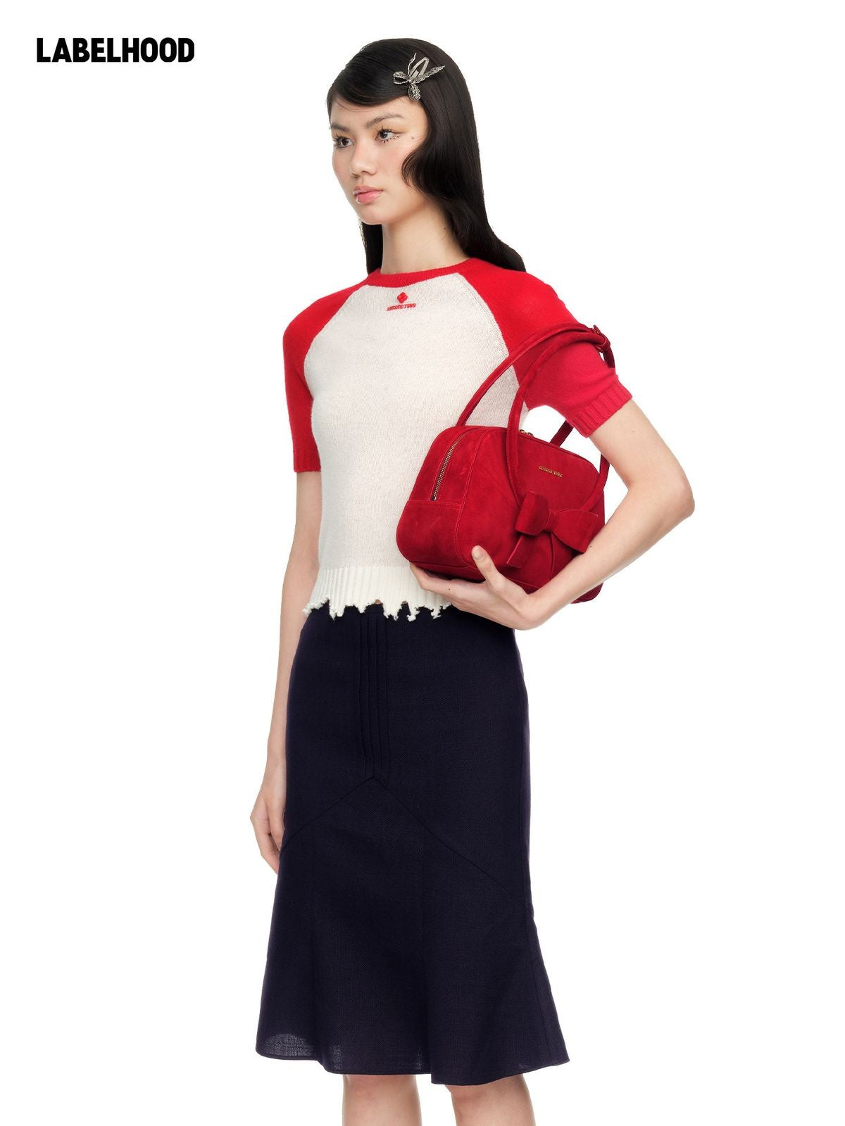 SHUSHUTONG Color Block Raw Edge Knit Top in White - On Model