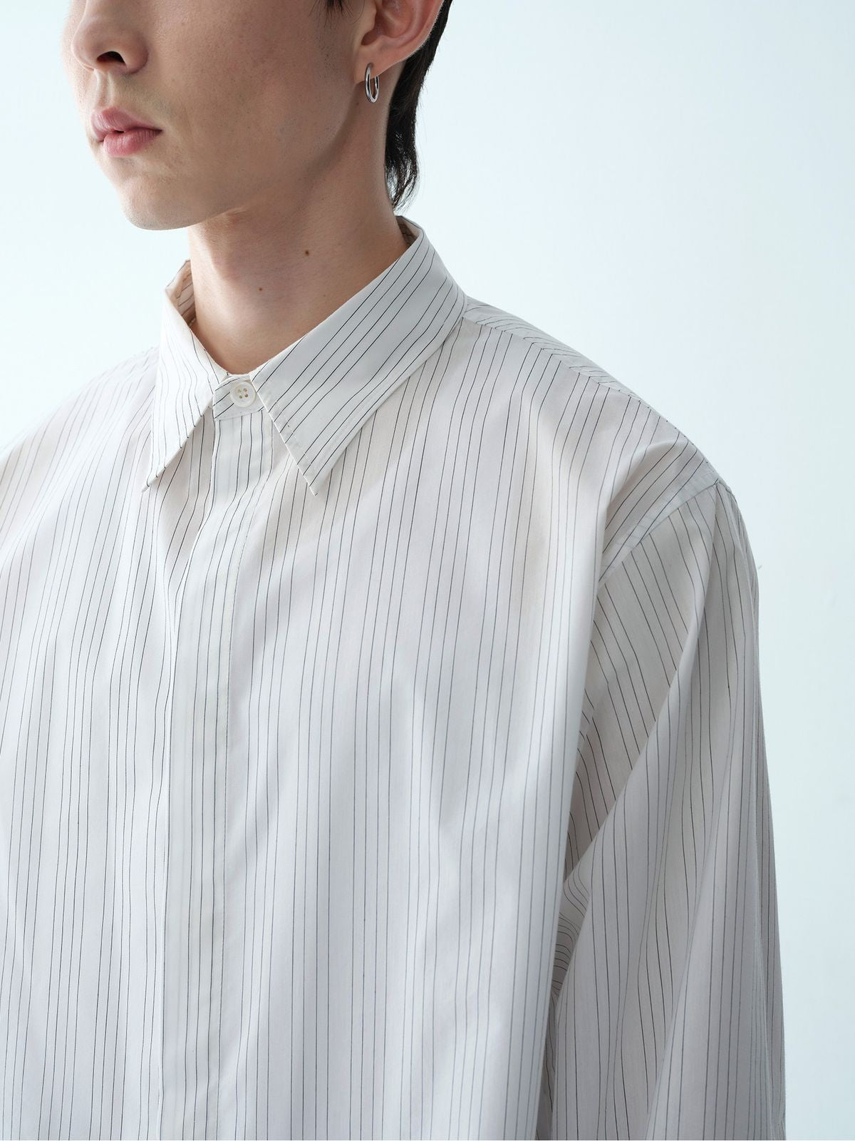ROYA Hidden Placket Pinstripe Shirt in Black - On Model