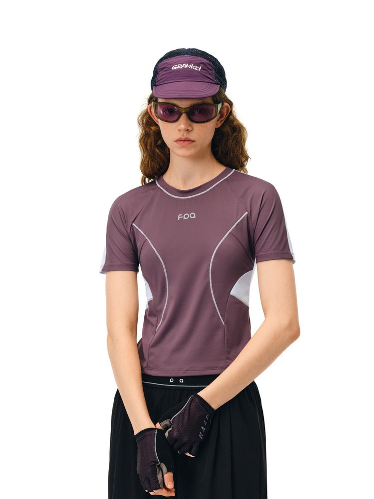 FPA Spliced Moisture Wicking T Shirt in Purple - On Model