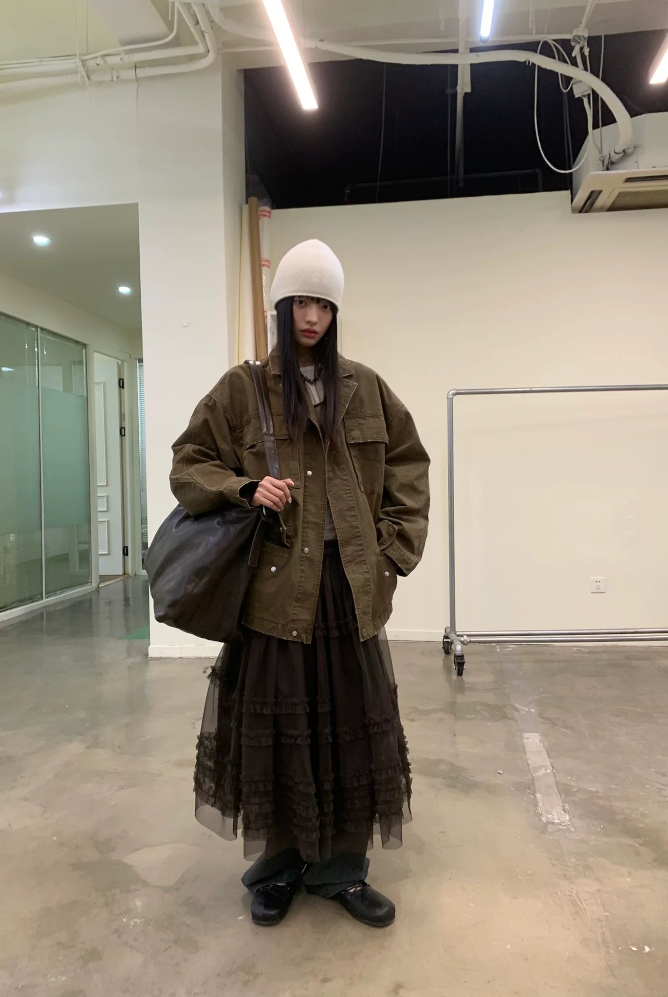 NeverSeez Tiered Ruffle Mesh Maxi Dress in Brown