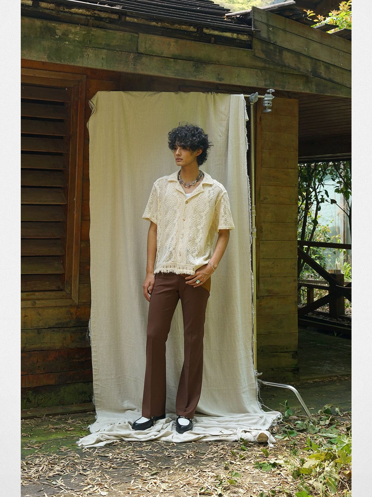 Retro 21 Fringed Lace Knit Cuban Collar Shirt in White - On Male Model