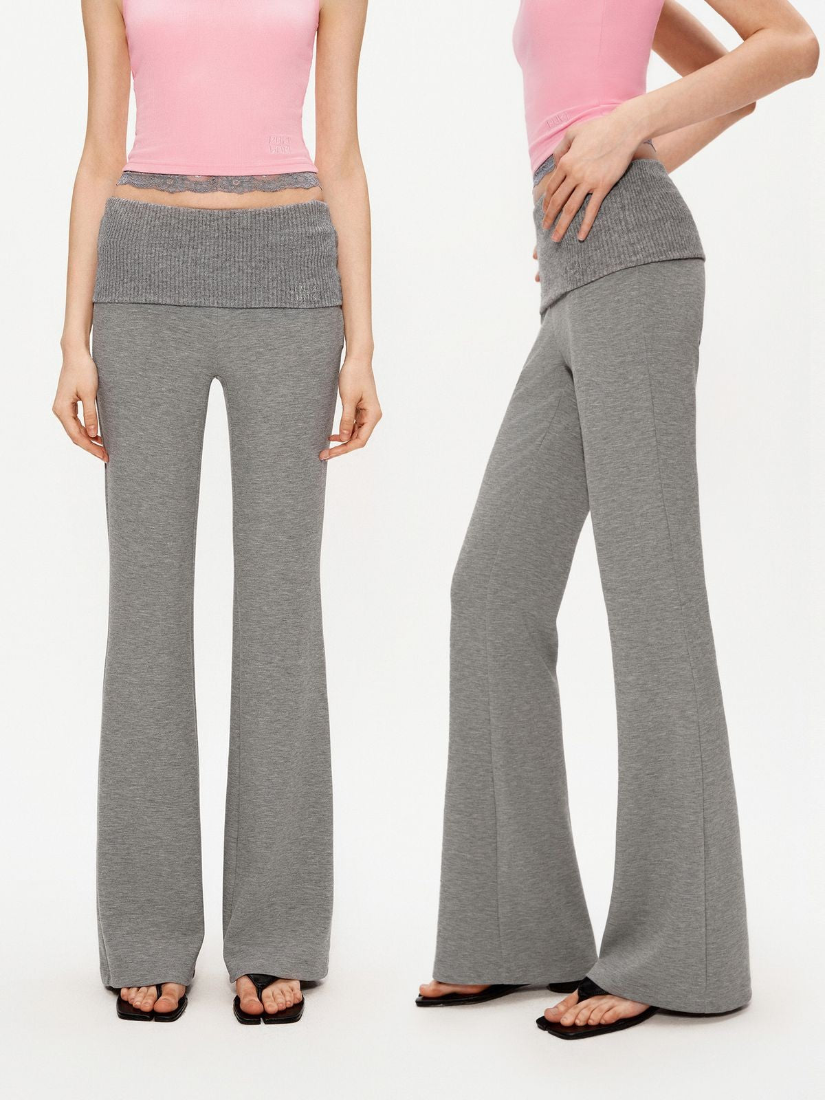 PUKI Ribbed Waist Micro Flare Pants in Gray - On Model