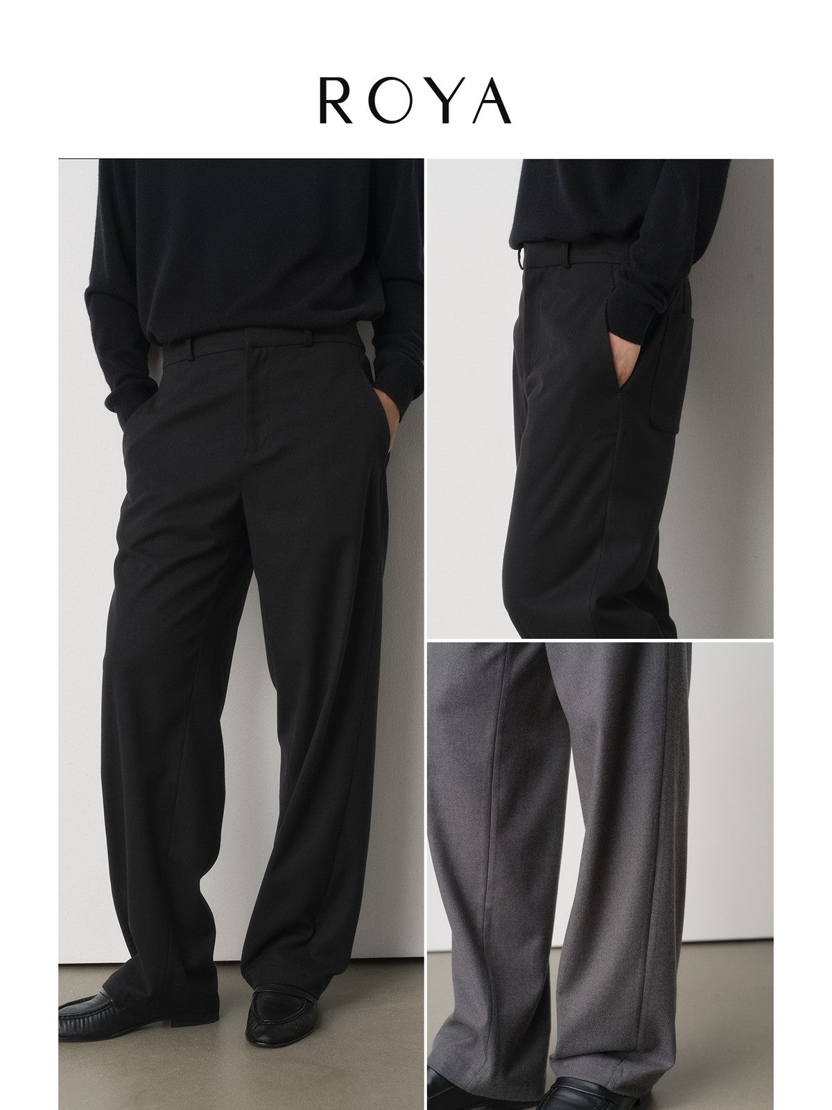 ROYA Tencel Wool Blend Suit Trousers in Black - On Model