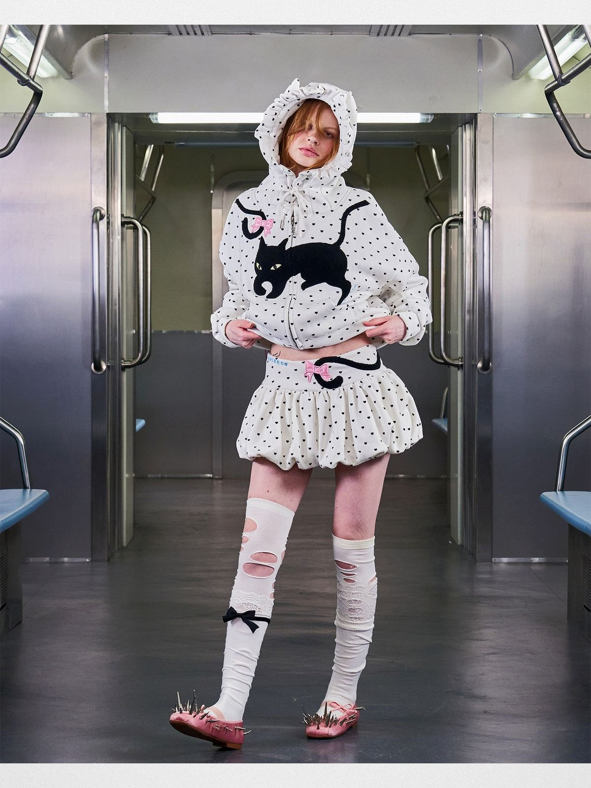 CFIERCE Heart Print Cat Ear Zip Hoodie in White - On Female Model