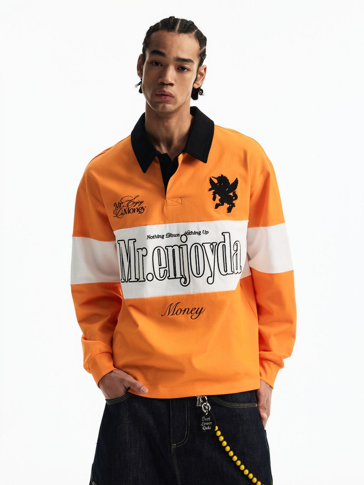 MEDM Embroidered Pegasus Rugby Polo in Orange - On Model
