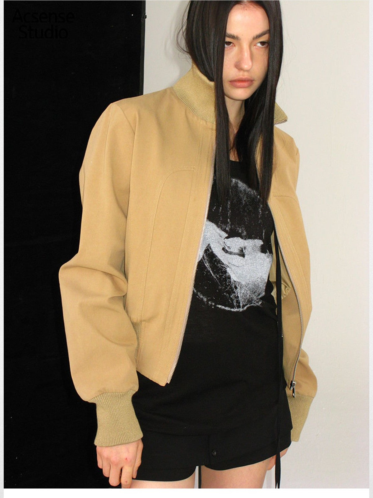 ACSENSE STUDIO Curved Panel Cotton Jacket in Khaki - On Model