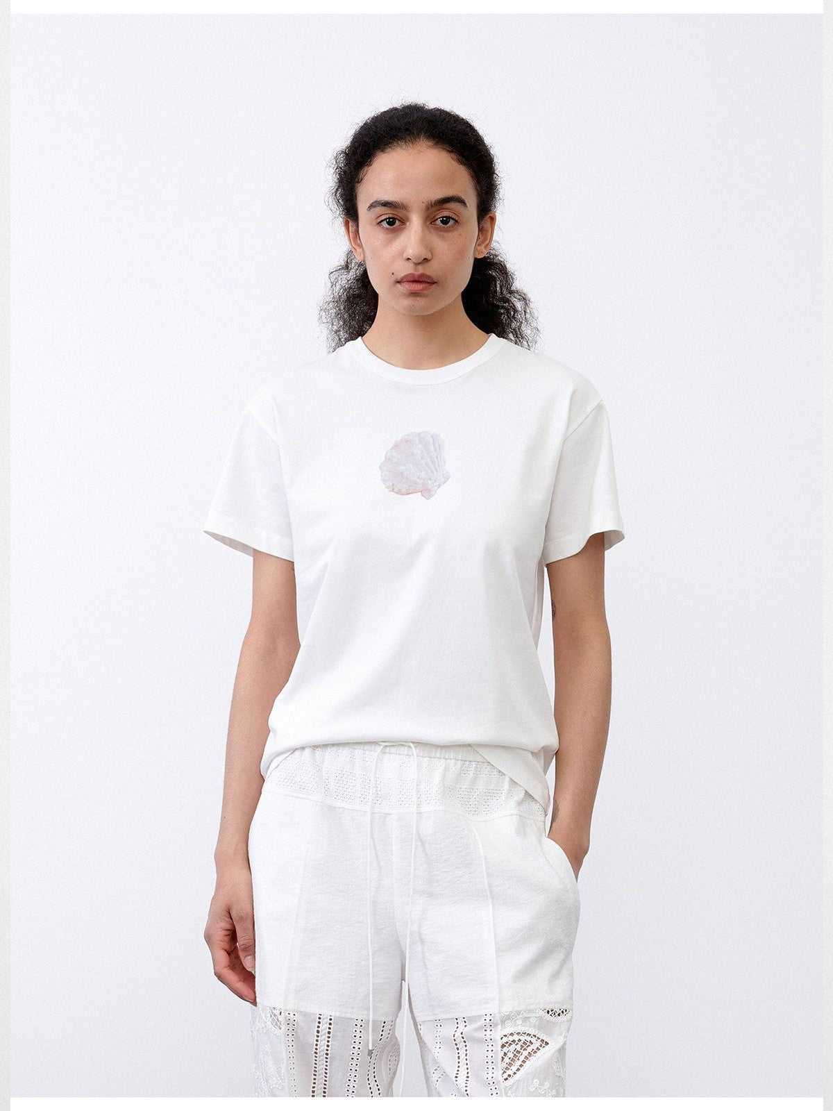 RandomPiece Shell Print Cotton Blend T Shirt in White - On Model