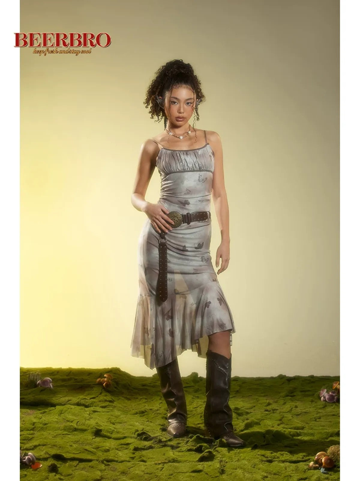 BeerBro Butterfly Print Mesh Cami Dress in Gray