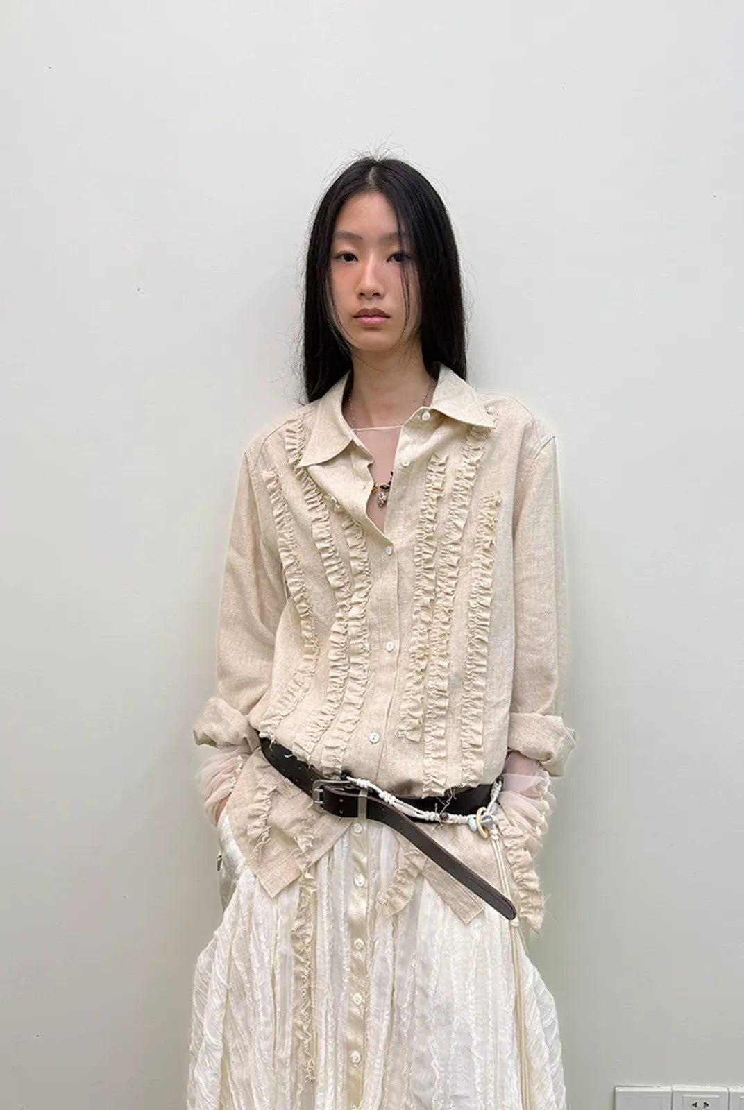 NeverSeez Lyocell Linen Fringe Shirt in Gray - On Model