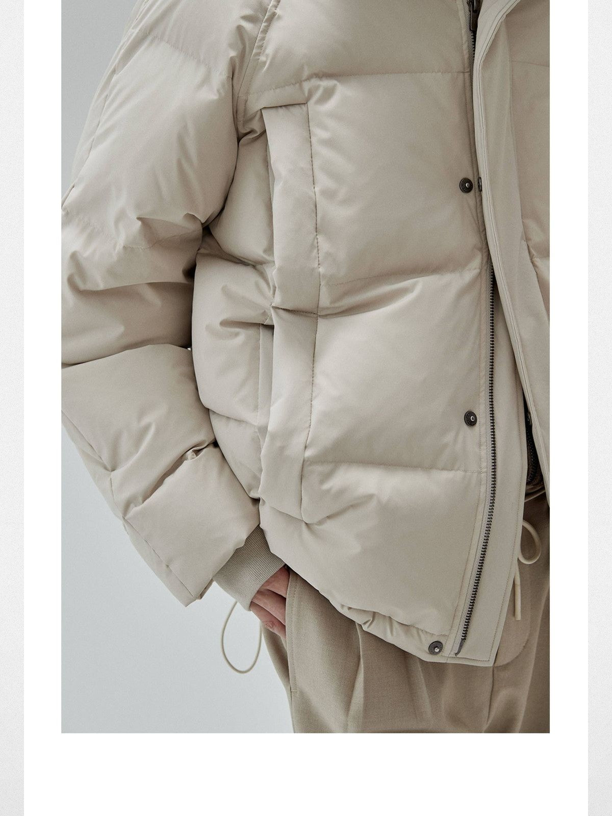 NANS Wide Quilt Hooded Down Puffer in Beige - On Model