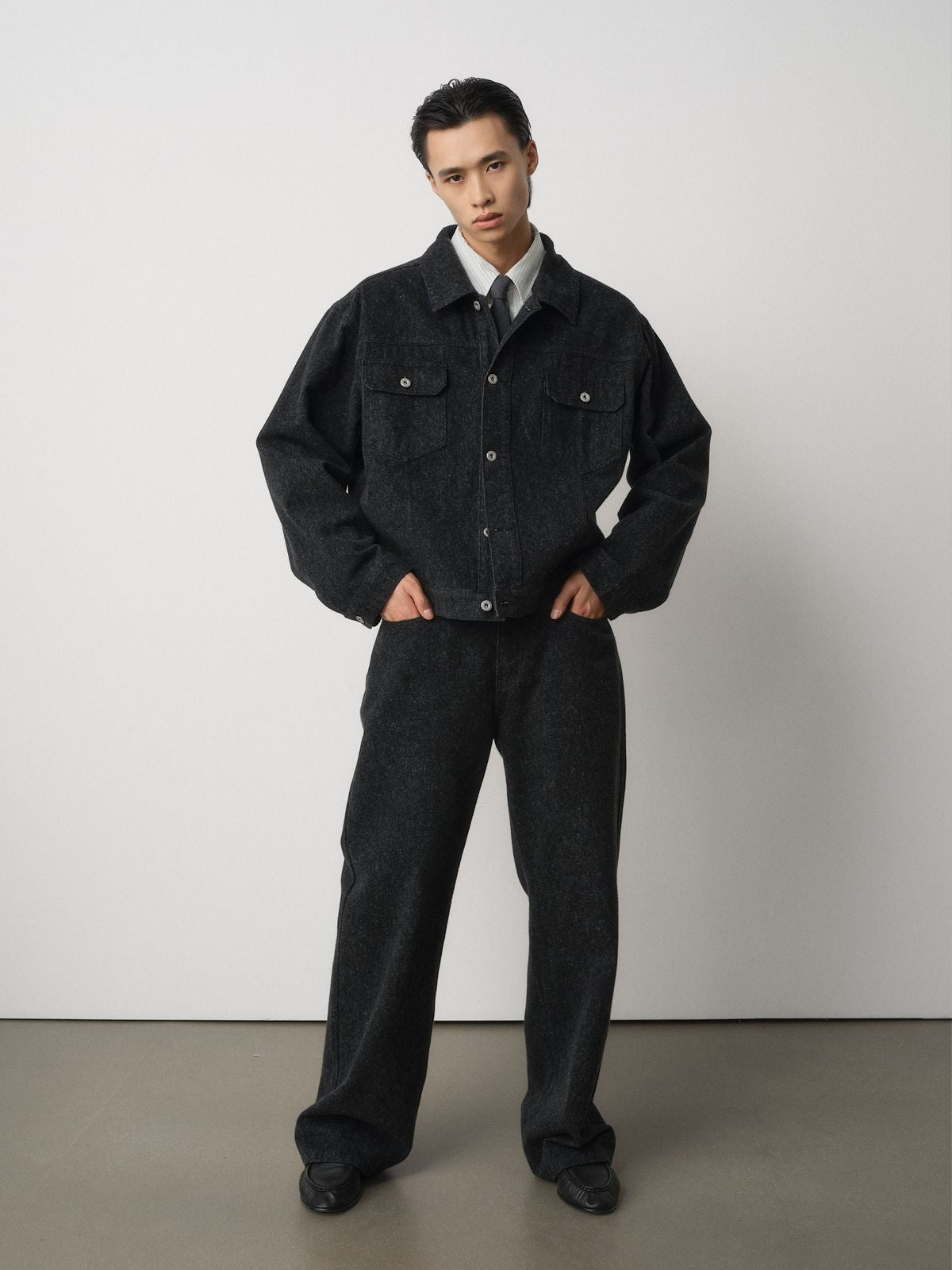 ROYA Sueded Cone Mills Denim Jacket in Black - On Model