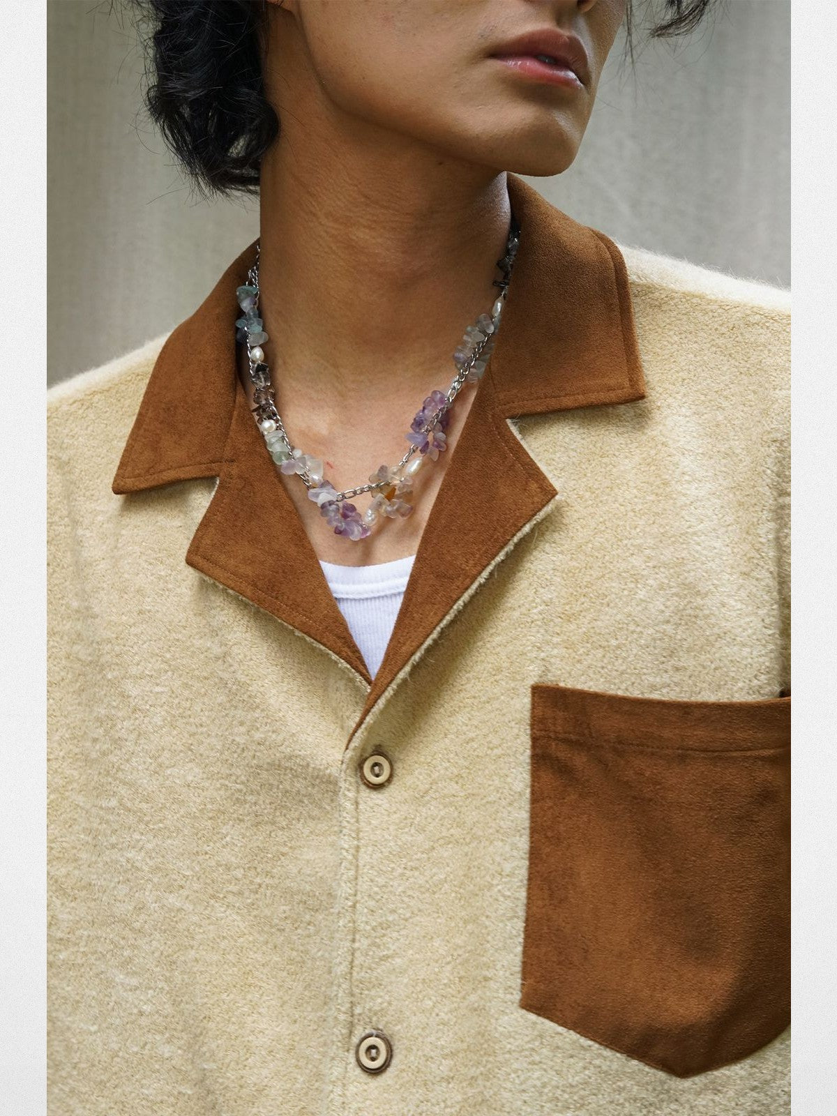 Retro 21 Spliced Wool Blend Knit Shirt in Cream - On Model