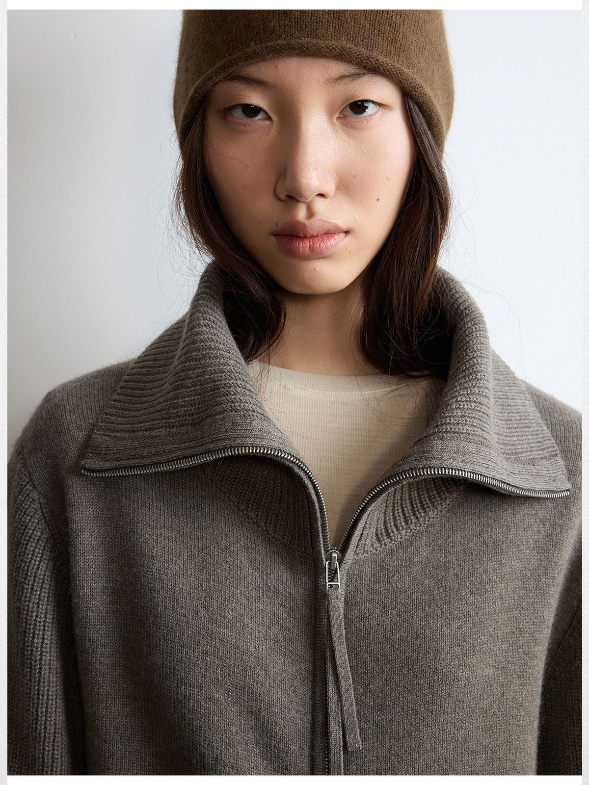 RandomPiece Merino Wool Draped Zip Cardigan in Beige - On Model