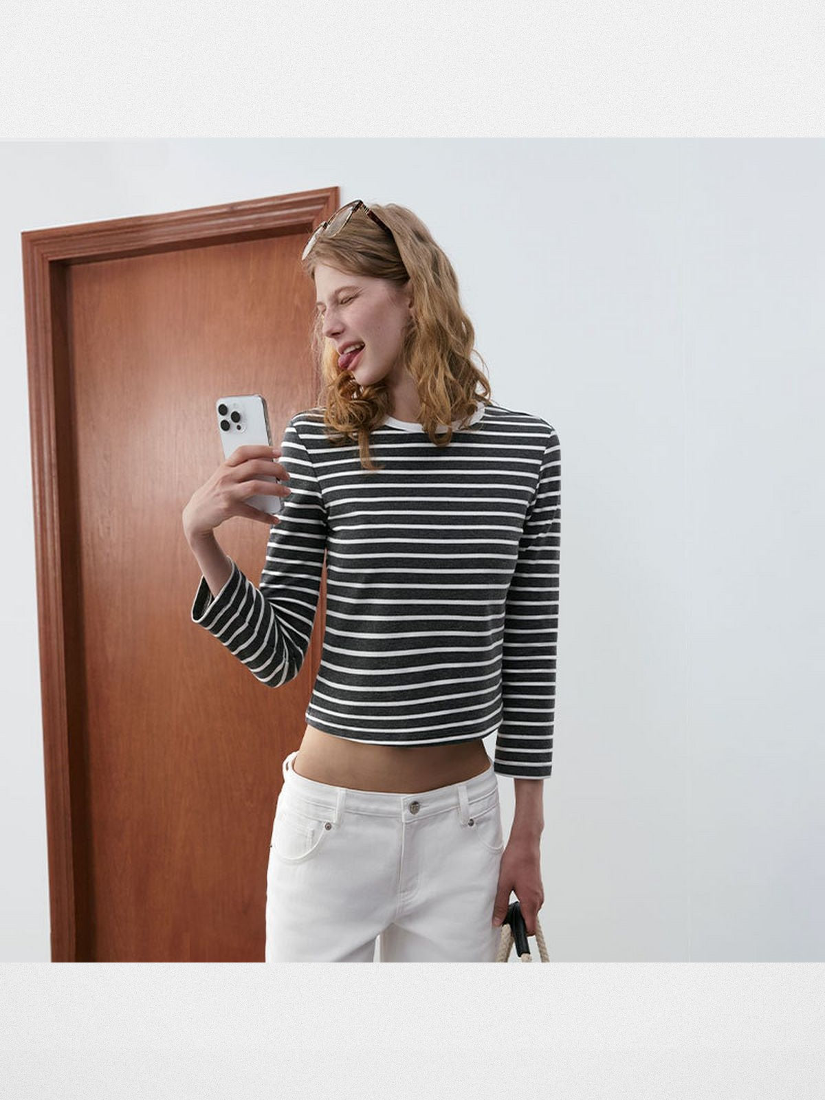 PUKI Striped Half Sleeve Cropped T Shirt in Gray - On Model