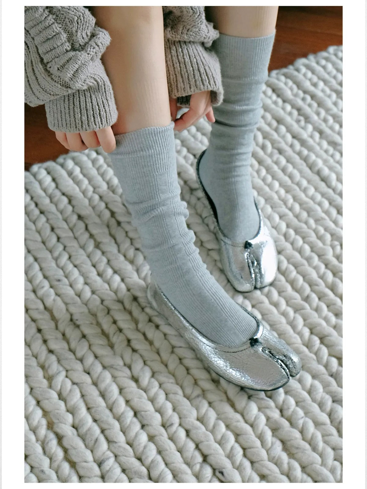 Simple Project Irregular Ribbed Crew Socks in Gray - On Model