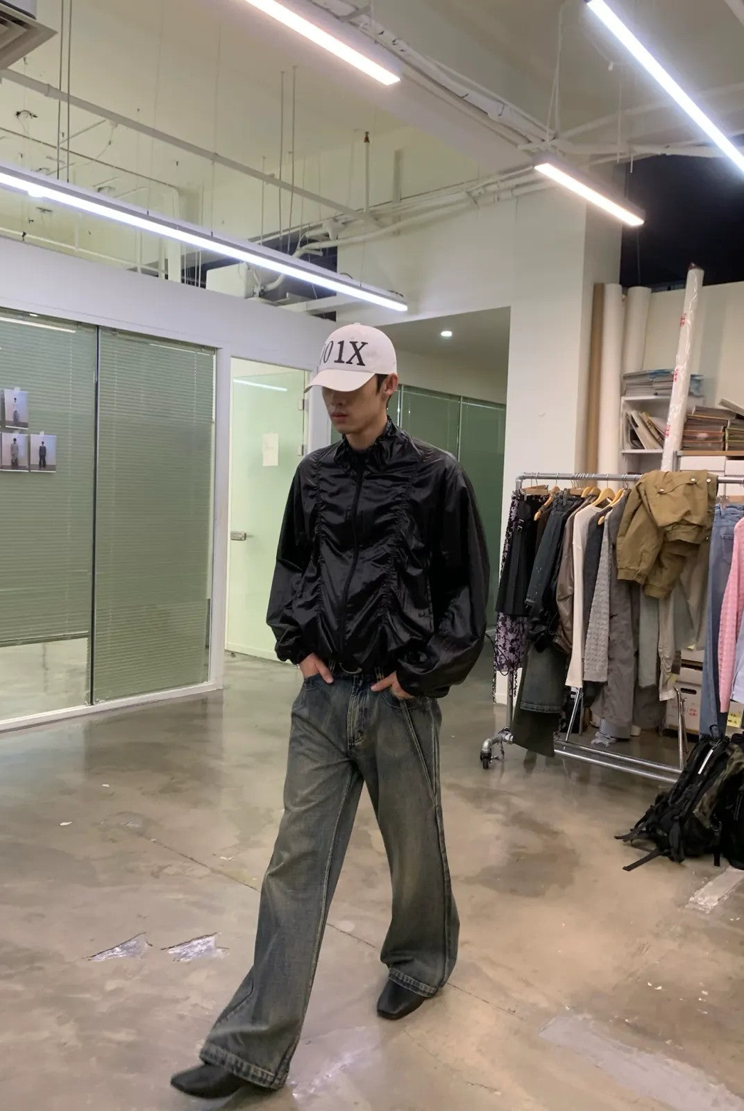 NeverSeez Glossy Ruched Tencel Windbreaker in Black - On Model