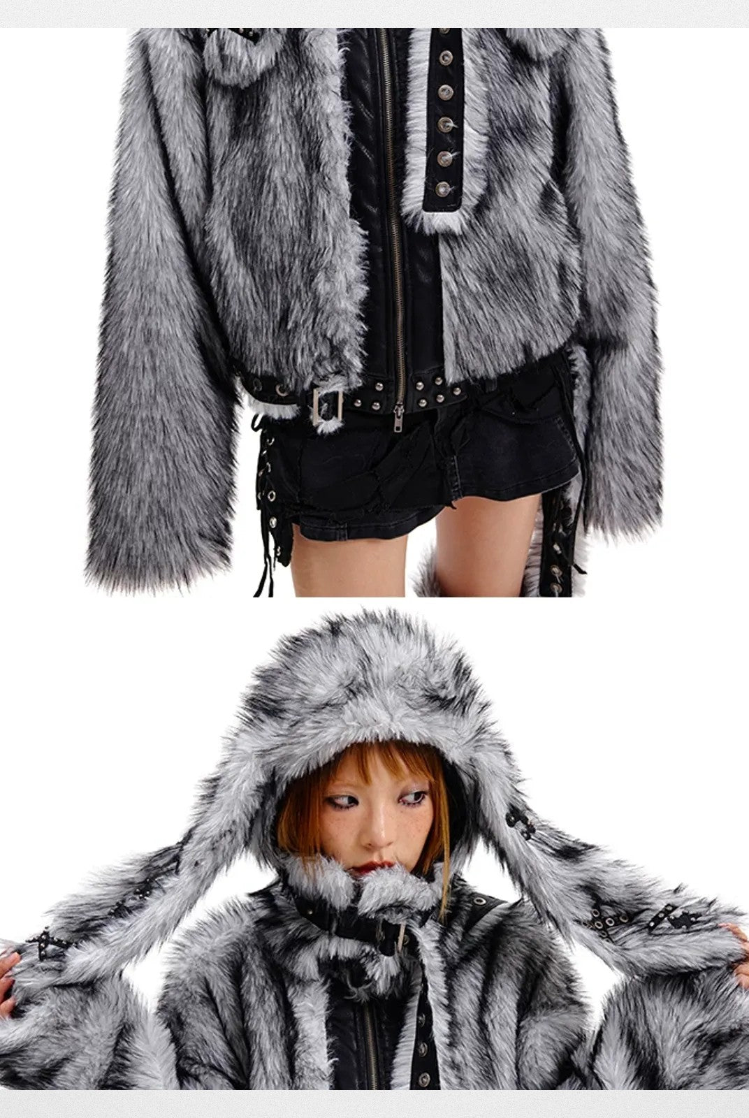 CFIERCE Grey Rabbit Faux Fur Balaclava in Gray - On Model