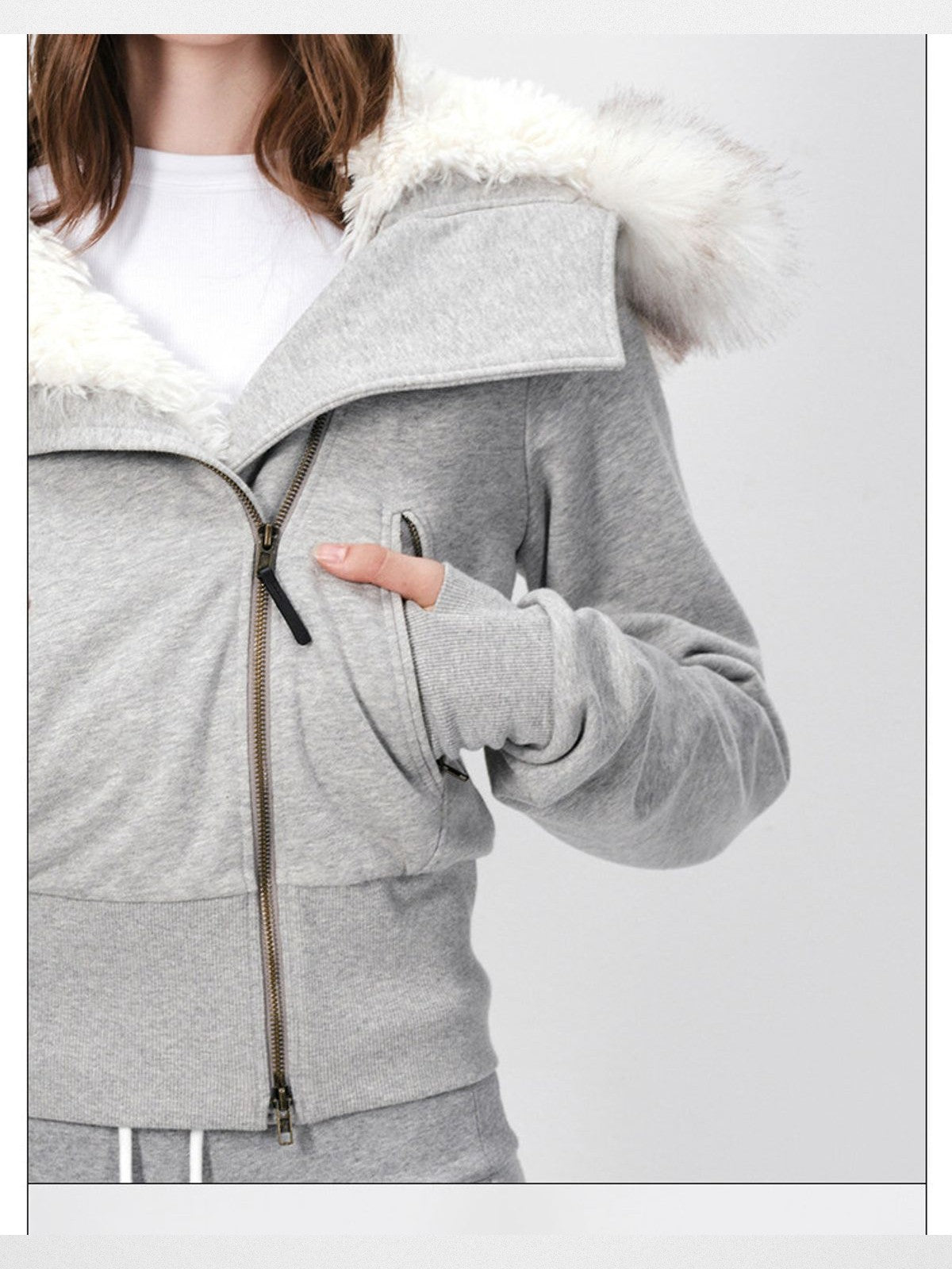 RARELY ALIKE Asymmetric Zip Hooded Jacket in Gray - On Model